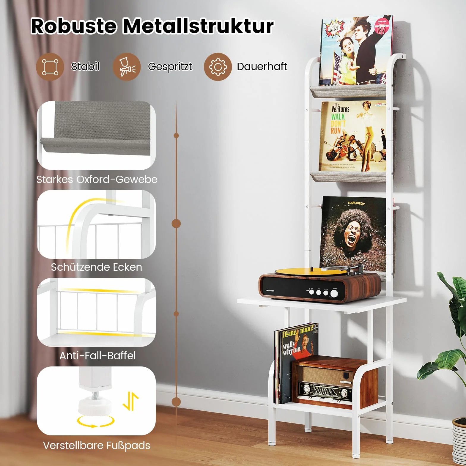 COSTWAY 5-poziomowy stojak na gramofony z winylowym regałem wystawowym, stojak na płyty gramofonowe, półka na winylowe płyty gramofonowe dla albumów i płyt CD, 50 x 51 x 145 cm (biały)