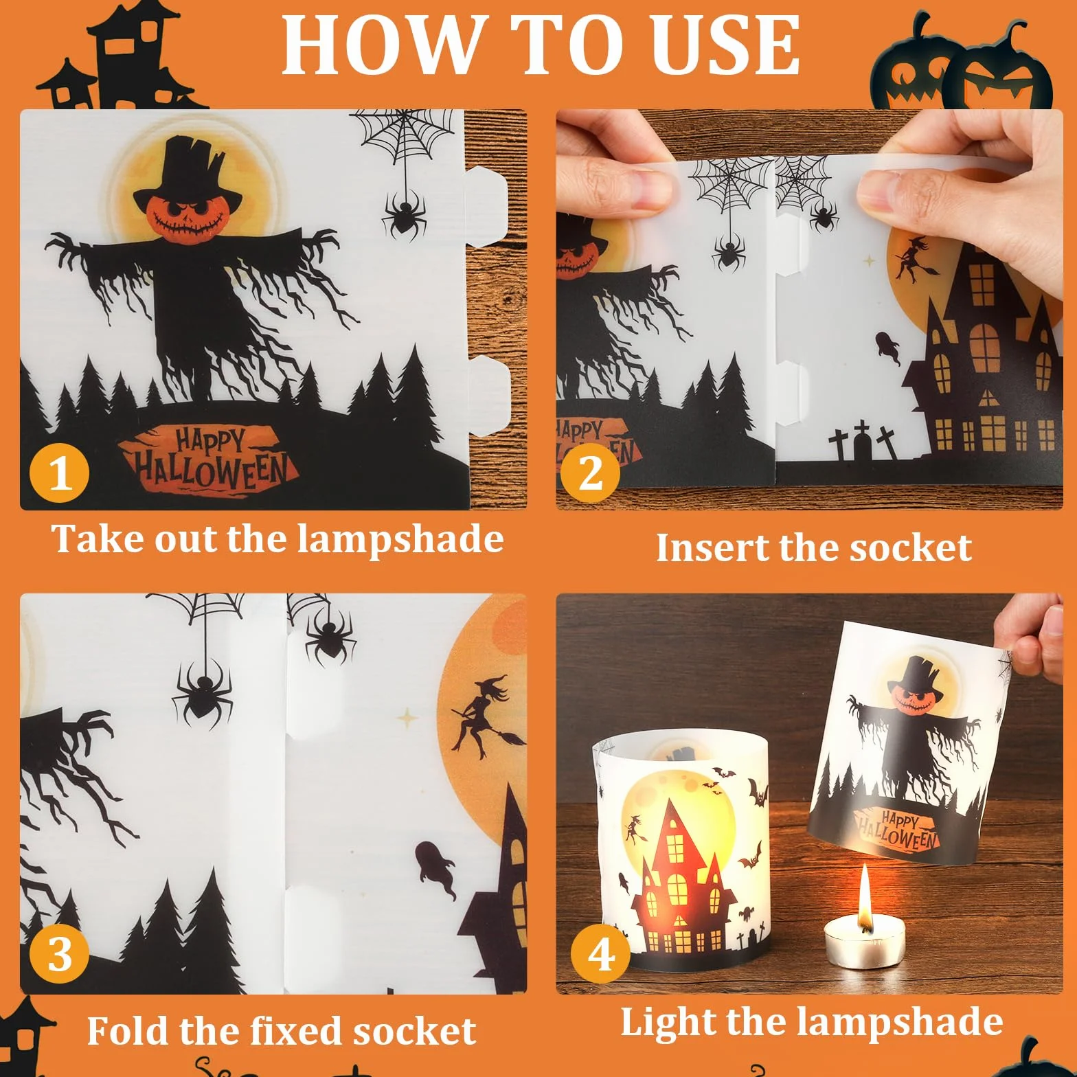 12 sztuk lampionów dekoracja stołu na Halloween, dekoracja stołu, nietoperze, czarownica, pajęczyny, zamki na Halloween, dekoracja świec, do wewnątrz i na zewnątrz