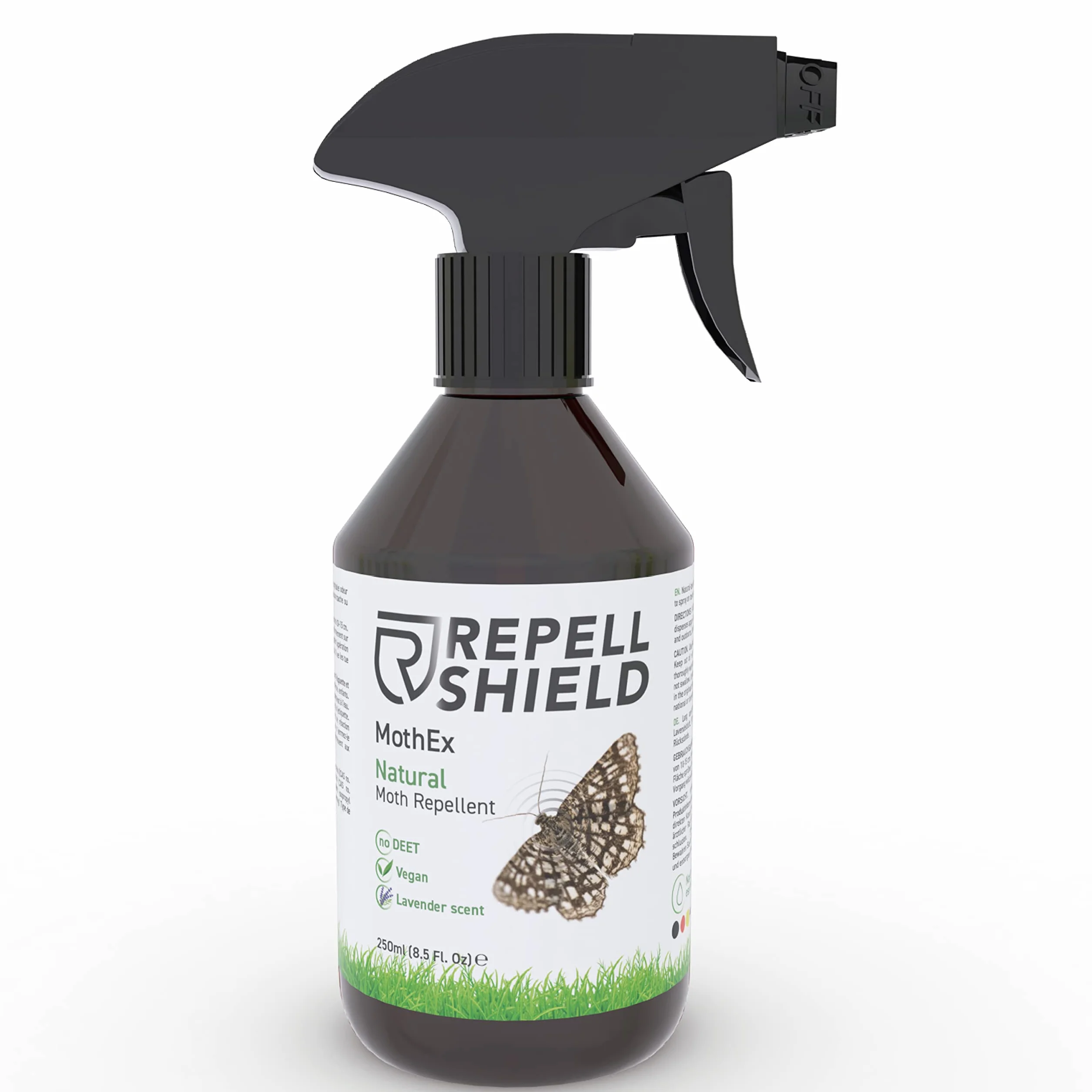 RepellShield Naturalny spray na mole -250 ml - delikatna ochrona przed molami geraniolowymi do szafy na ubrania i alternatywa dla pułapek na mole odzieżowe - nie farbuje i nie pozostawia śladów