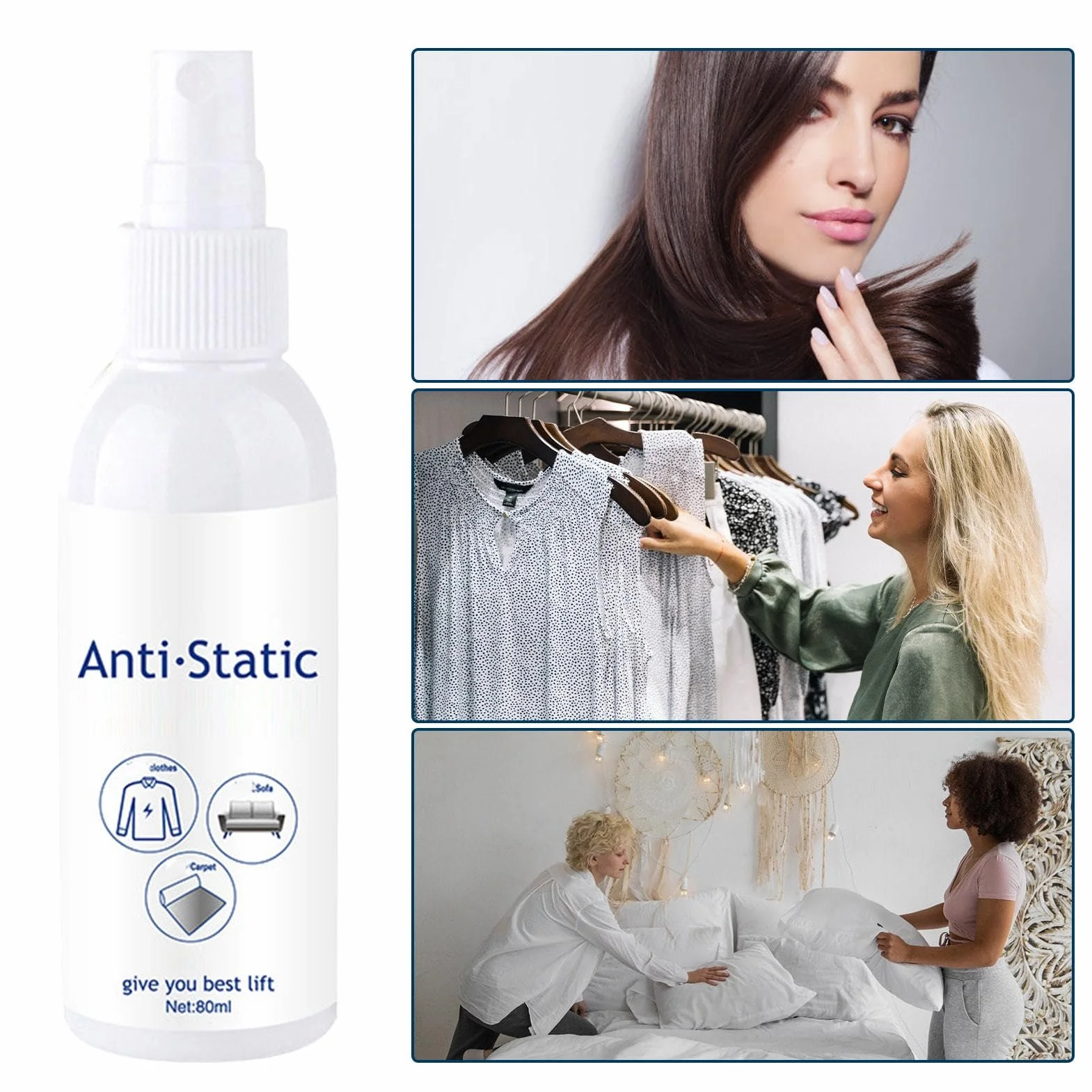 Antystatyczny spray, 80 ml, natychmiastowe usuwanie statycznego ładowania włosów i tekstyliów, natychmiastowe działanie i długotrwałe działanie, płyn do płukania, pielęgnacja ubrań i dywanów