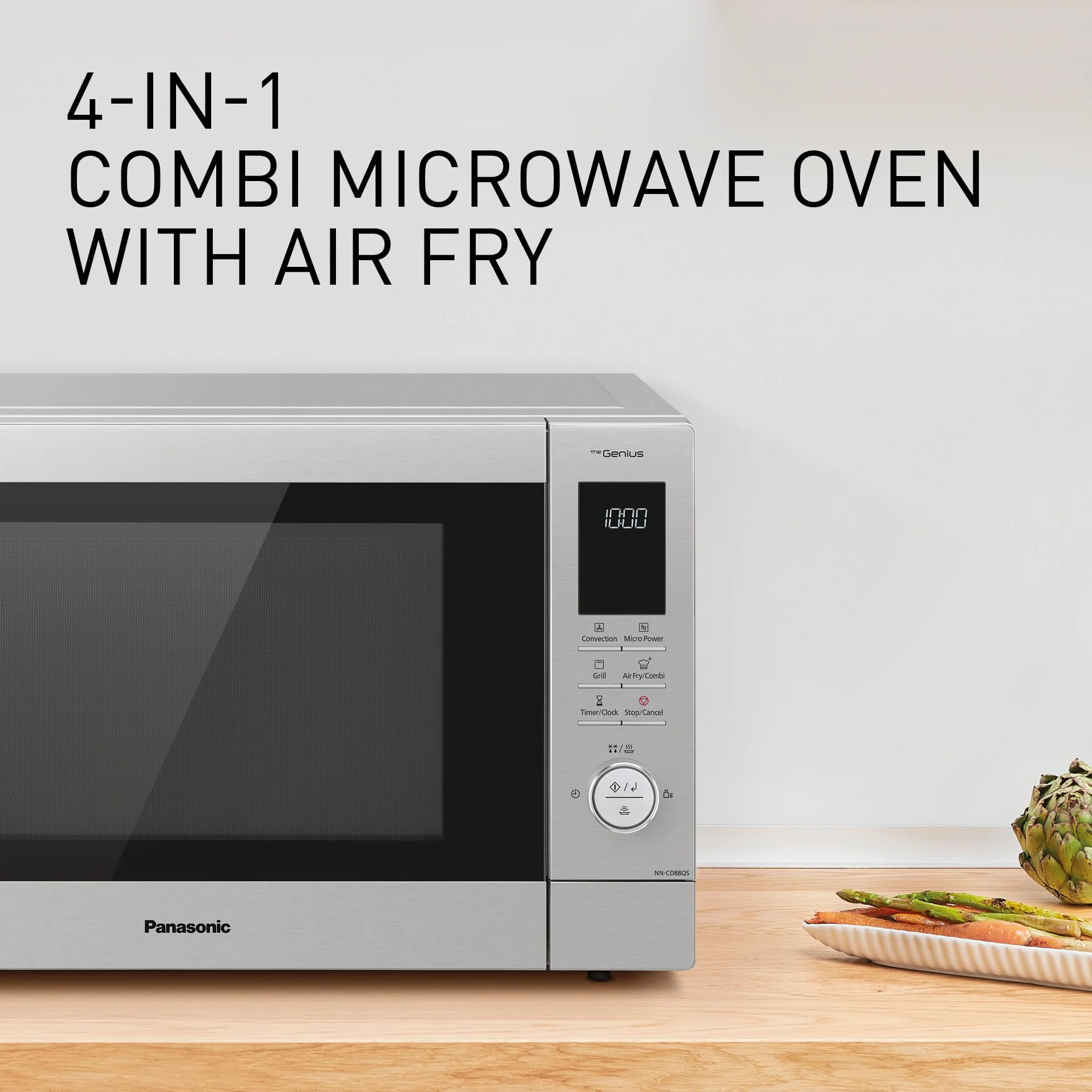 Panasonic NN-CD88QSEPG 34L Air Fryer kuchenka mikrofalowa kombi z grillem kwarcowym, 1000 W, automatyczne rozmrażanie, czujnik Genius, stal nierdzewna, srebrna