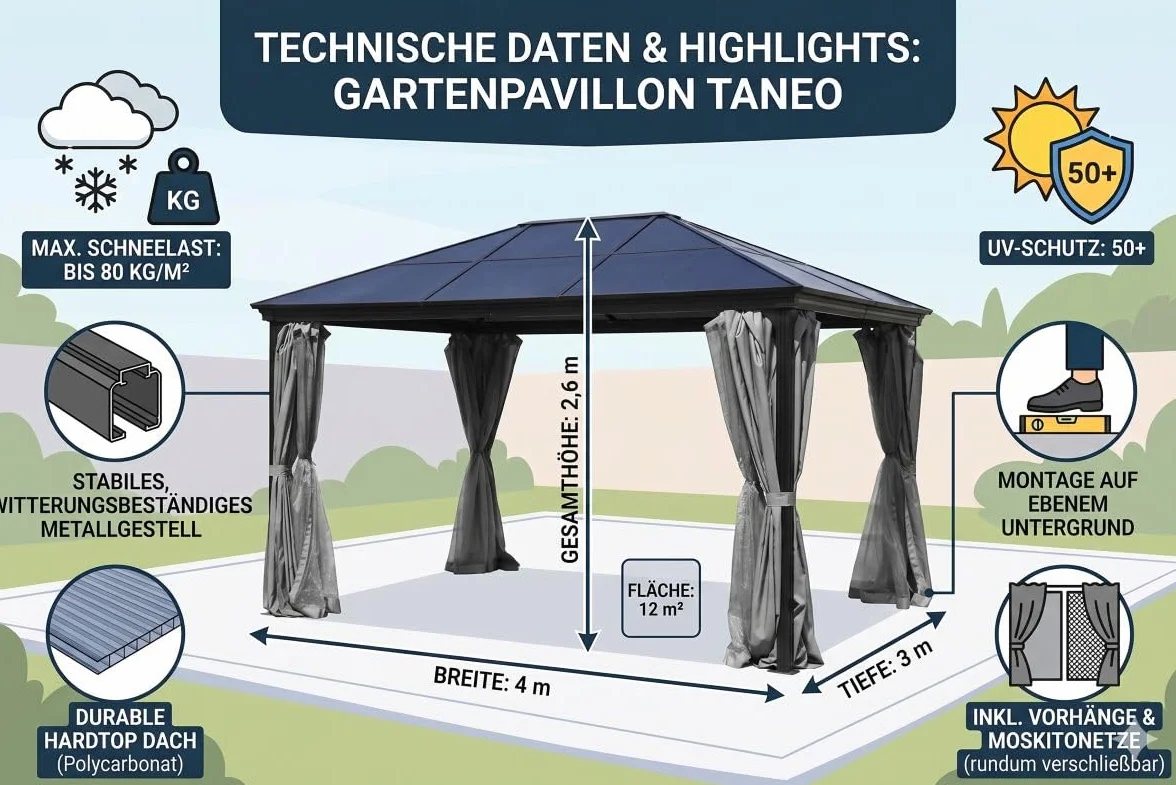 Jet-Line® | Alu Pawilon 3 x 4 m | Pergola z zadaszeniem | Pawilon ogrodowy Taneo | 3 x 4 m | Aluminiowa rama | z nieruchomym dachem | kolor antracytowy | do ogrodu | zadaszenie | stabilny ogrodowy