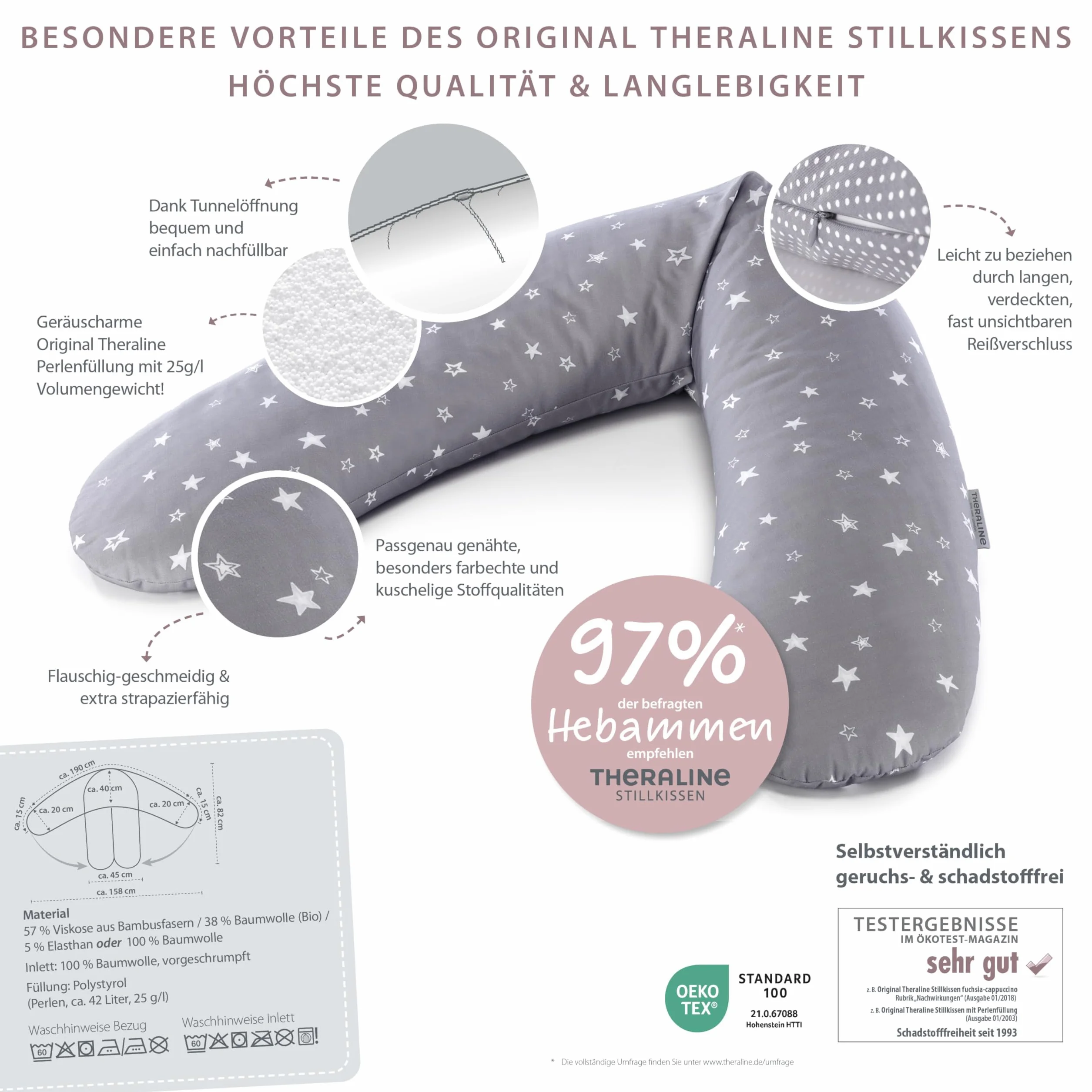 Theraline Oryginalna poduszka ciążowa do spania, poduszka boczna z pokrowcem, poduszka komfortowa z wypełnieniem perełkowym, poduszka do ciała i poduszka ciążowa (Melange Rosenholz)