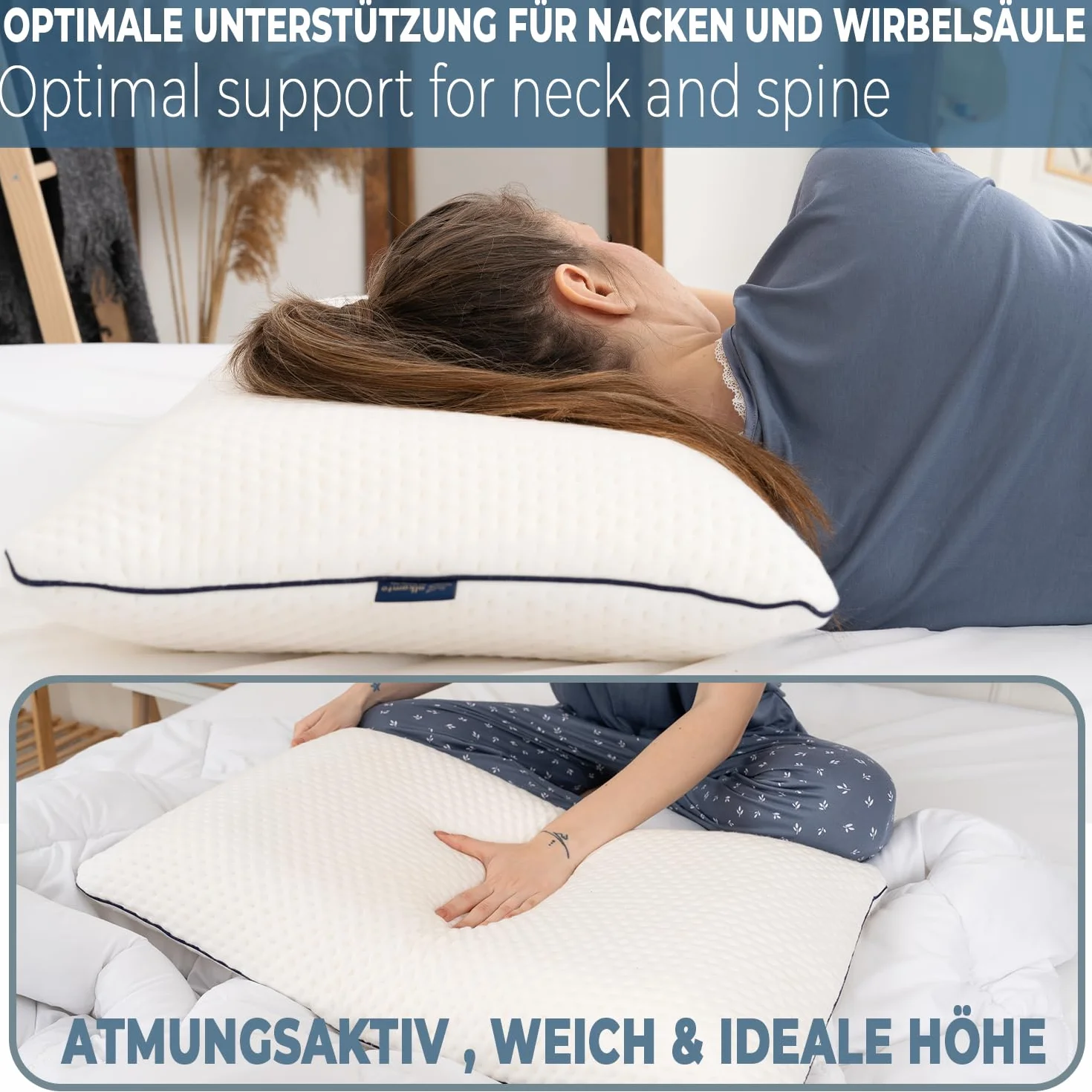 alkamto Poduszka z pianki memory 70x45 cm – Ergonomiczna poduszka podpierająca kark – Certyfikat Oeko-Tex – Oddychająca i termoregulująca poszewka – Hipoalergiczna i nadająca się do prania – Idealna