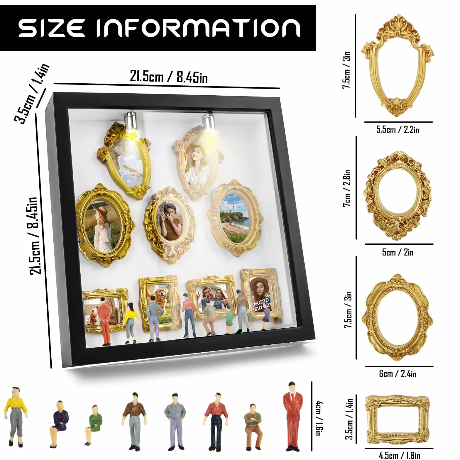 Mini muzealne pudełko "zrób to sam", 8 cali, mini muzeum sylwetki, zestaw "zrób to sam", 8 mini złotych ramek i 8 losowych figurek, kreatywna ramka na zdjęcia ze światłem LED, pomysł na prezent