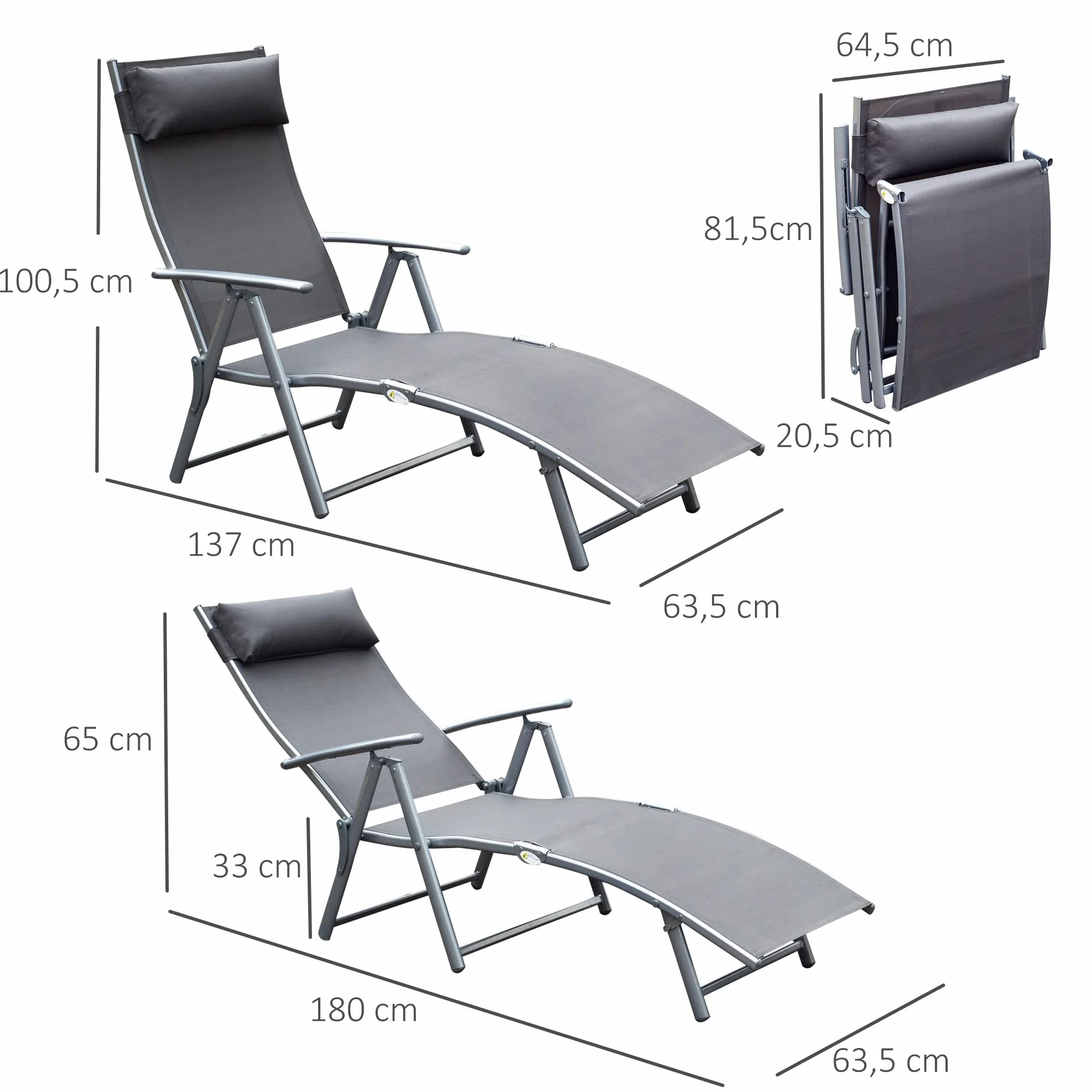 Outsunny ligstoel ligbed voor op het strand ligbed voor buiten inklapbaar verstelbaar met kussen tuin grijs metaal + stof grijs 137 x 63,5 x 100,5 cm