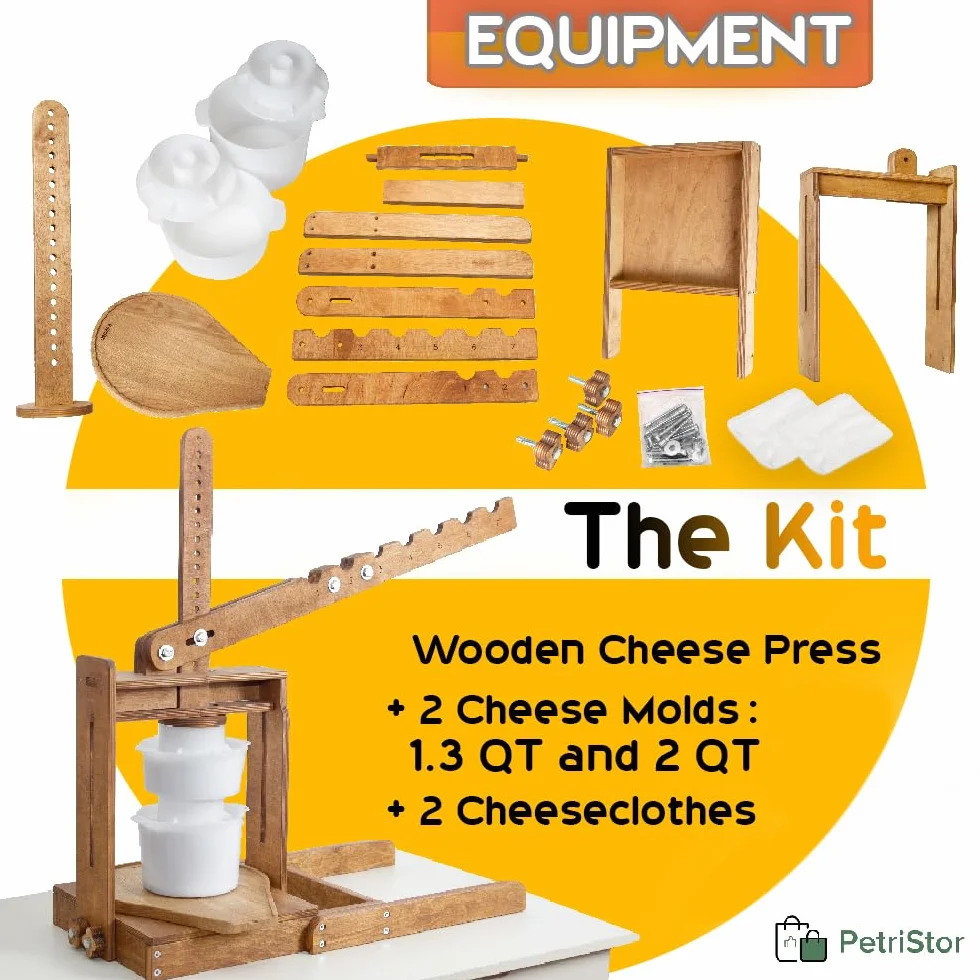 Dutch Wooden Cheese Press - Cheese Making Kit with Lever, 2 Cheese Molds & 200 lbs Pressure