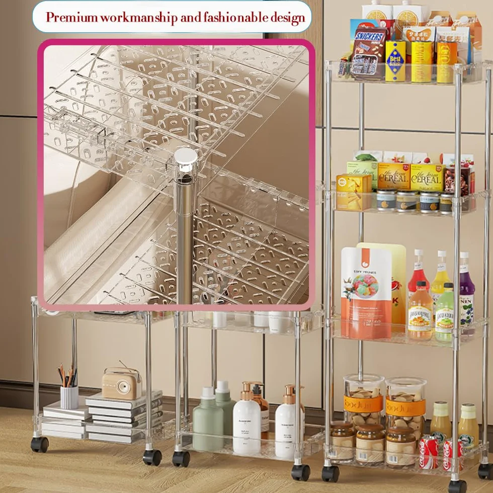 Regulowany wąski wózek do przechowywania, 4-poziomowy (szerokość 14-20 cm), wózek narzędziowy, mobilny organizer, półka, do łazienki, kuchni, małych przestrzeni, pralni i komody