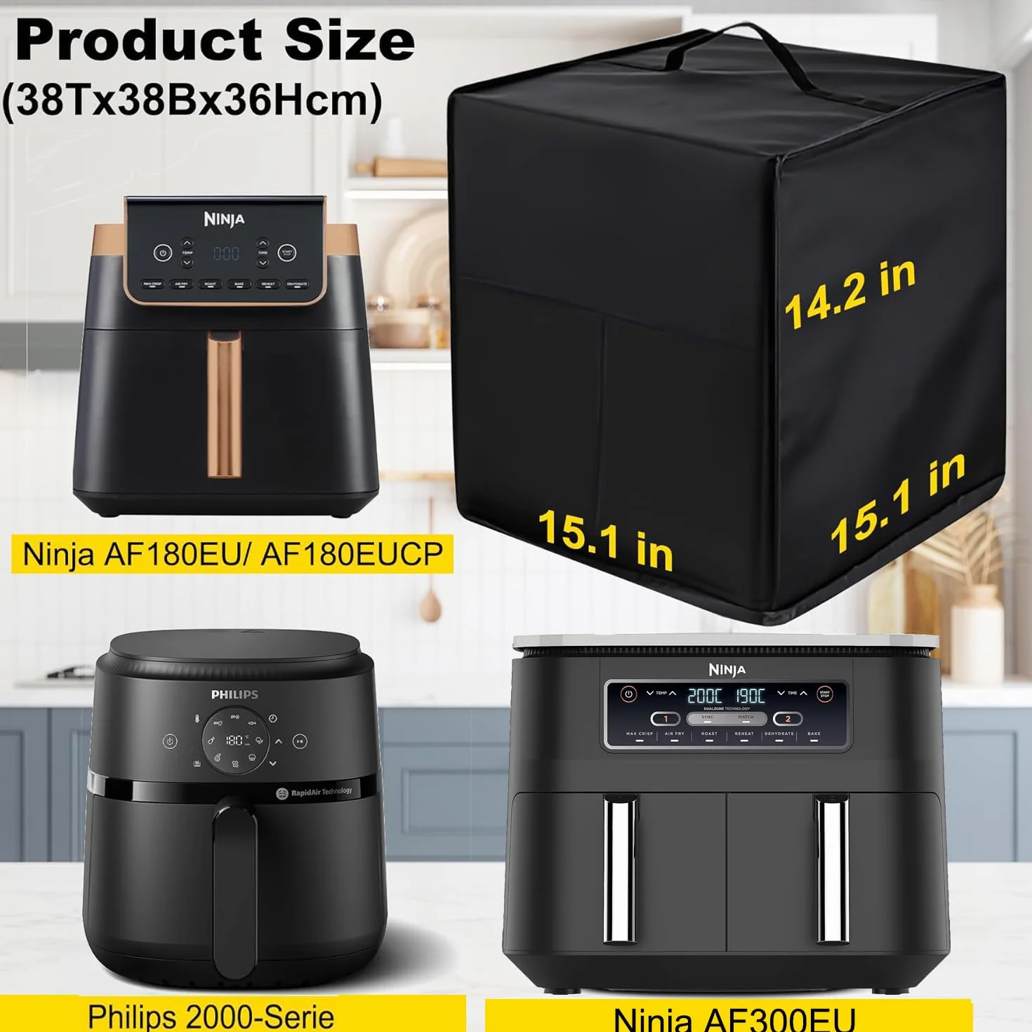 Osłona przeciwpyłowa do Ninja AF300EU/AF180EU/AF180EUCP frytkownica na gorące powietrze, etui ochronne kompatybilne z frytkownicą powietrzną Philips, seria 2000 6,2 l, do Bartesian 55306 (38 x 38 szer