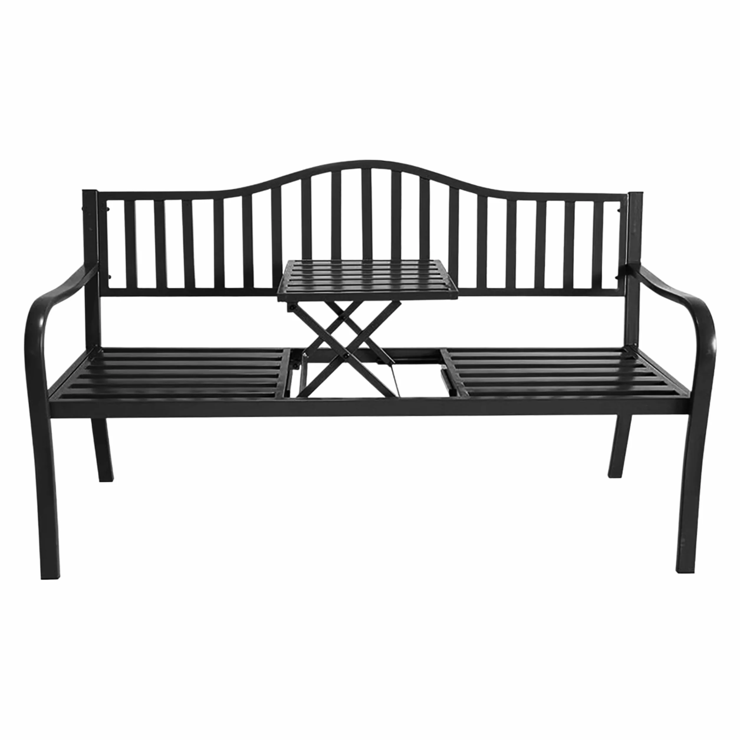 Metalowa ławka ogrodowa ze zintegrowanym stołem – 150 x 56 cm – ławka do siedzenia 2 w 1 lakierowana proszkowo na czarno – ławka parkowa ze składanym stolikiem, półka do ogrodu, na balkon, taras