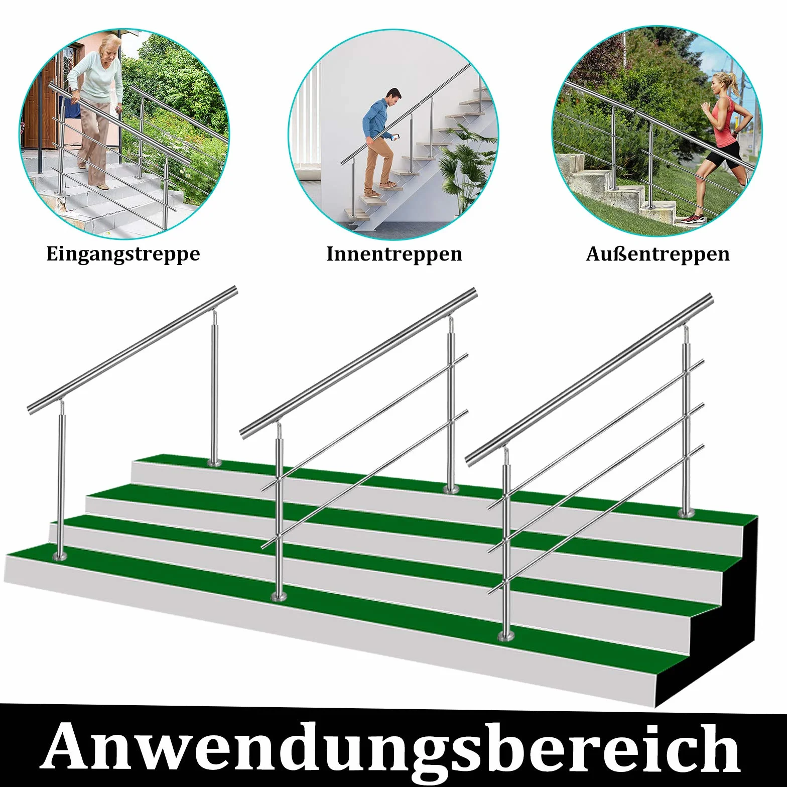 Aufun Poręcz ze stali nierdzewnej, 160 cm, poręcz schodowa do wewnątrz i na zewnątrz, z 2 słupkami, do schodów, balustrady, na balkon (160 cm, 2 poprzeczki)
