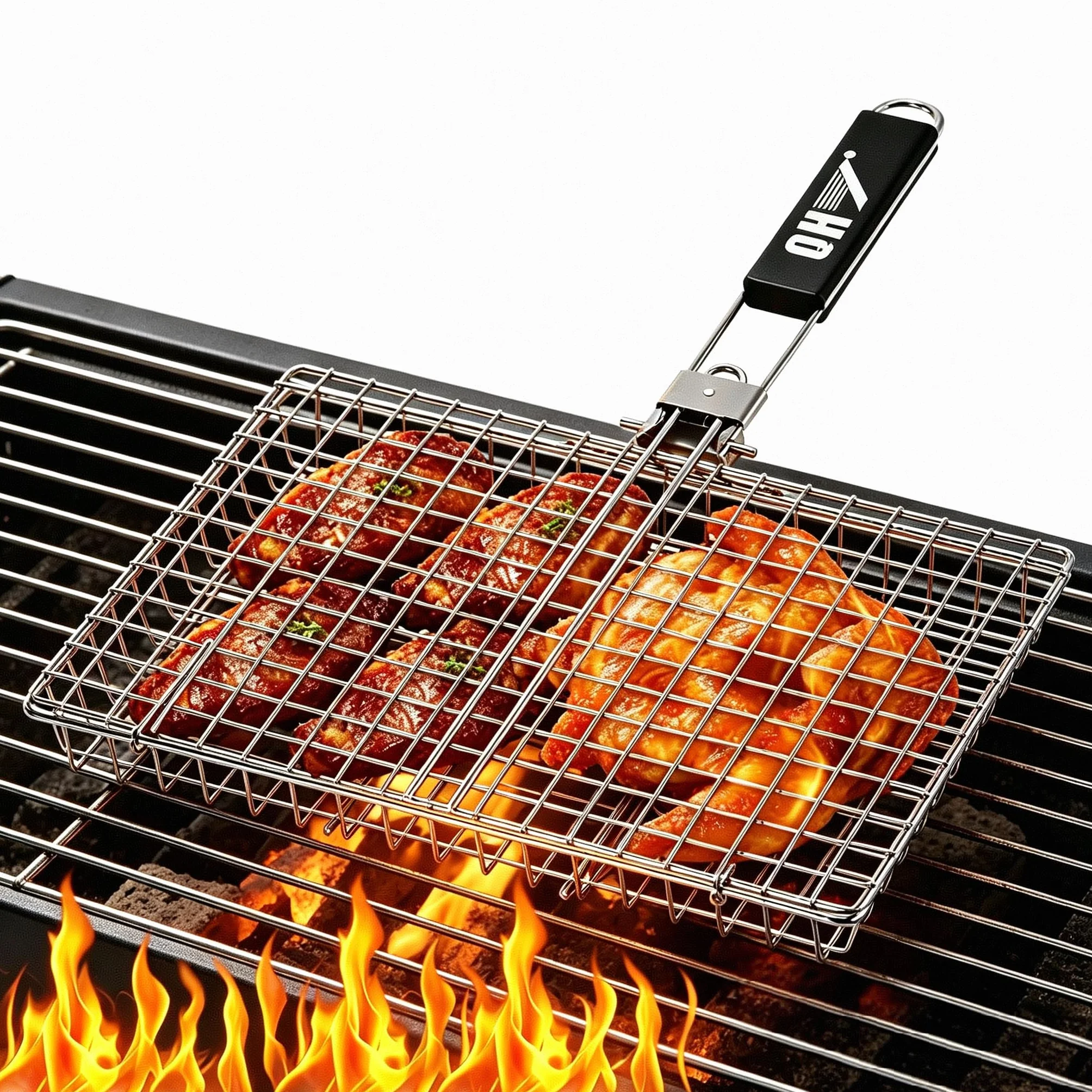 Kosz do gotowania ze stali nierdzewnej do grillowania, przenośny składany grill z wyjmowanym uchwytem, nieprzywierająca siatka do ryb, warzyw, krewetek