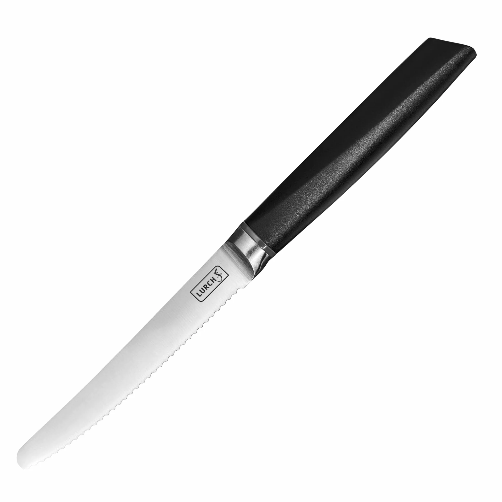 Lurch 230460 TANGO nóż do pomidorów, bułek, śniadaniowych z ząbkowanym ostrzem o długości 12,5 cm, z odpornej na korozję stali 3CR14, czarny, stal nierdzewna