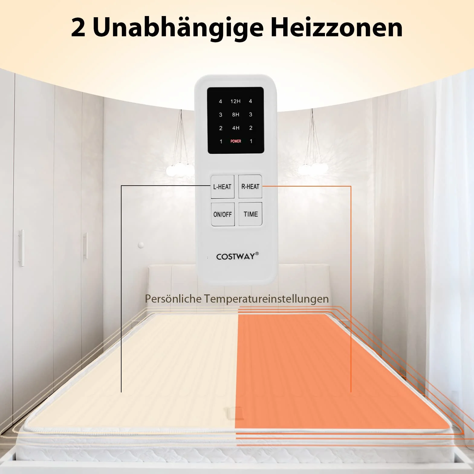 COSTWAY Podkładka grzewcza z automatycznym wyłączaniem, 2 strefy temperaturowe, ochrona przed przegrzaniem, 4 poziomy temperatury, podgrzewana podkładka pod łóżko można prać w pralce (80 x 150 cm)