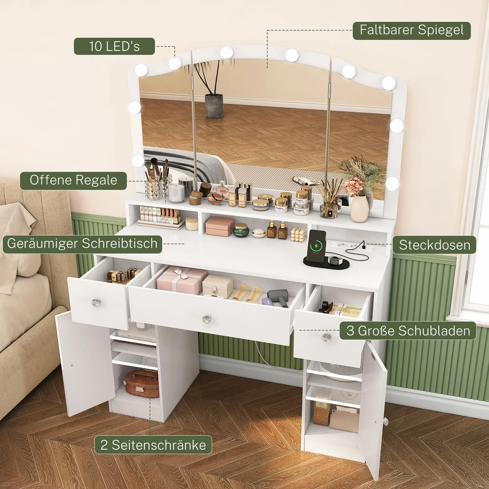 FIONESO Toaletka z 3-składanymi lustrami, toaletka z 10-LED światłami i gniazdami, toaletka z 3-szufladami i dwiema szafkami, dla kobiet, sypialnia, biała