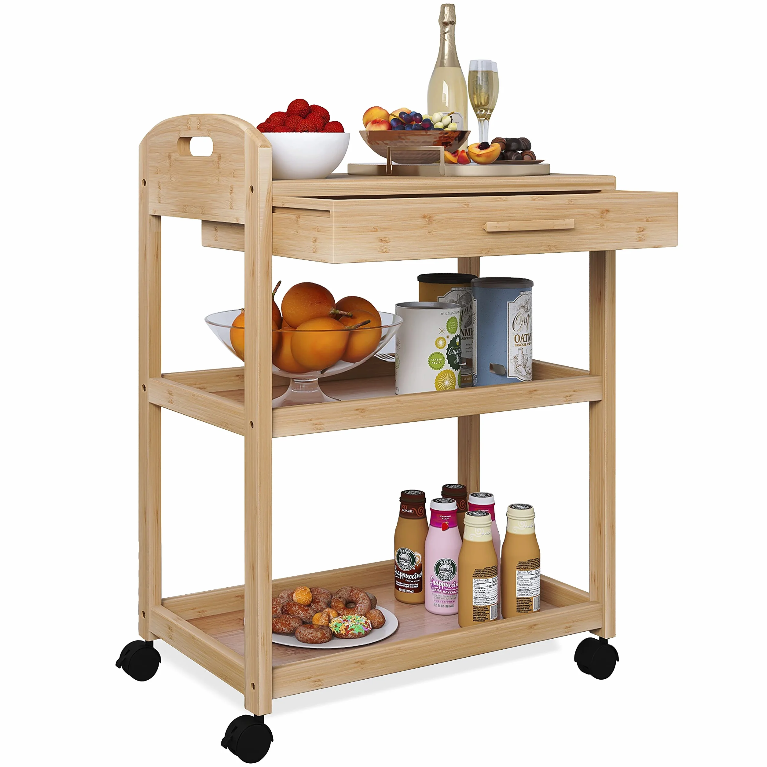 SMIBUY Kitchen Island wózek na kółkach, z szufladą do przechowywania i półkami, bambusowy, 3-poziomowy, z blatem z litego drewna i zamykanymi kółkami (naturalny)