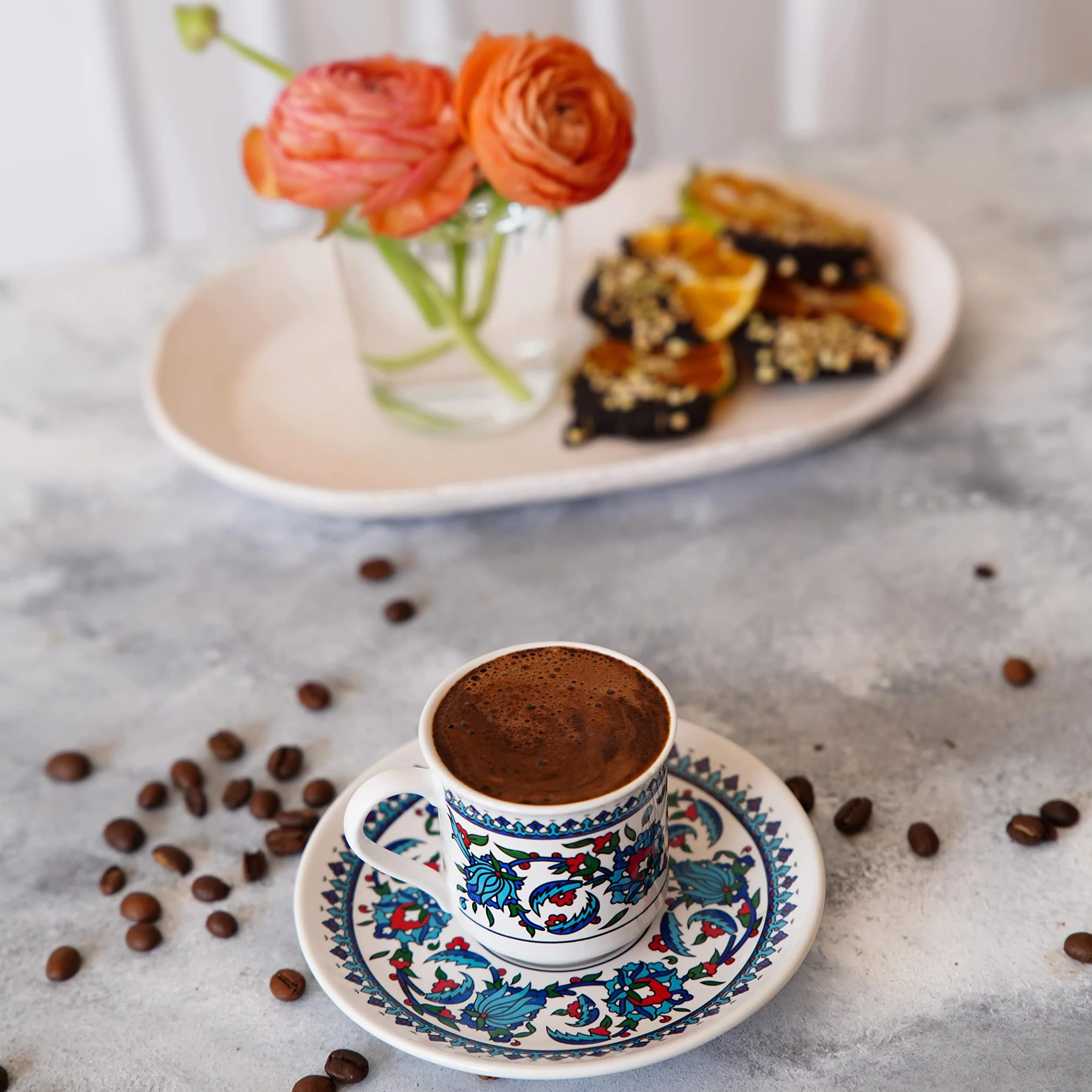 Zestaw 6 ceramicznych filiżanek do kawy ze spodkami, do espresso, mycie w zmywarce