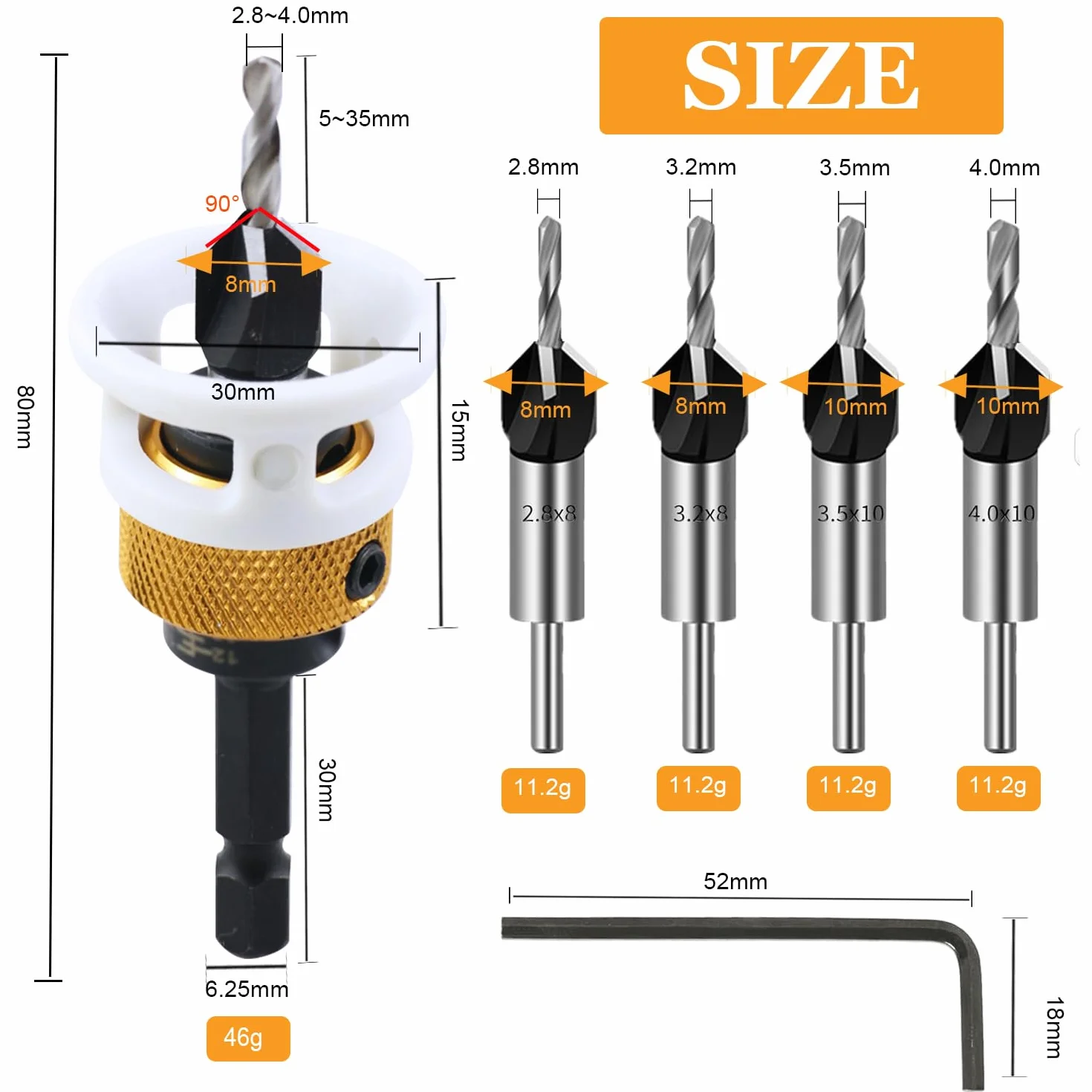 Zestaw Wierteł Stożkowych 6szt, HSS Countersink Drill Bits do Drewna, Profesjonalne Wiertła do Zagłębień z Regulowanym Ogranicznikiem Głębokości z Sześciokątnym Trzonkiem 1/4" do Obróbka Drewna