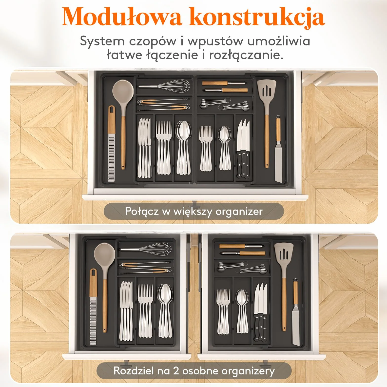 Lifewhite Duża Szuflada na Sztućce, Szerokość od 46 do 70 cm, Regulowana Szuflada na Sztućce do Szuflady, Głębokość 42,4 cm, Wyjmowany Układ szuflady, Plastikowy Uchwyt na Widelce/Noże, Czarny
