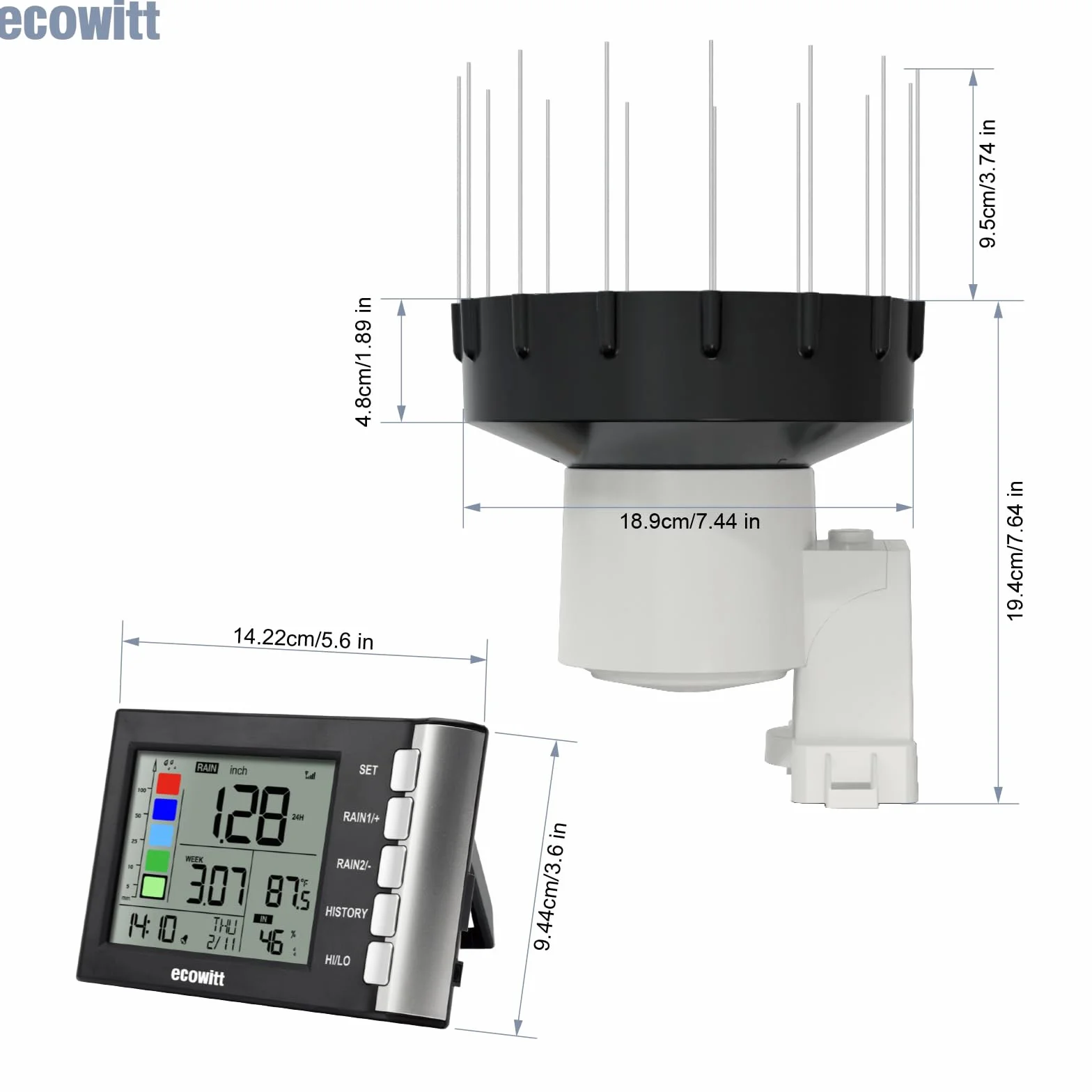 ECOWITT WH5370H bezprzewodowy cyfrowy deszczomierz (z termometrem), wysoce precyzyjny, samoopróżniający się zbiornik na deszcz o ulepszonej konstrukcji lejka 3,5 cm do monitorowania deszczu w czasie