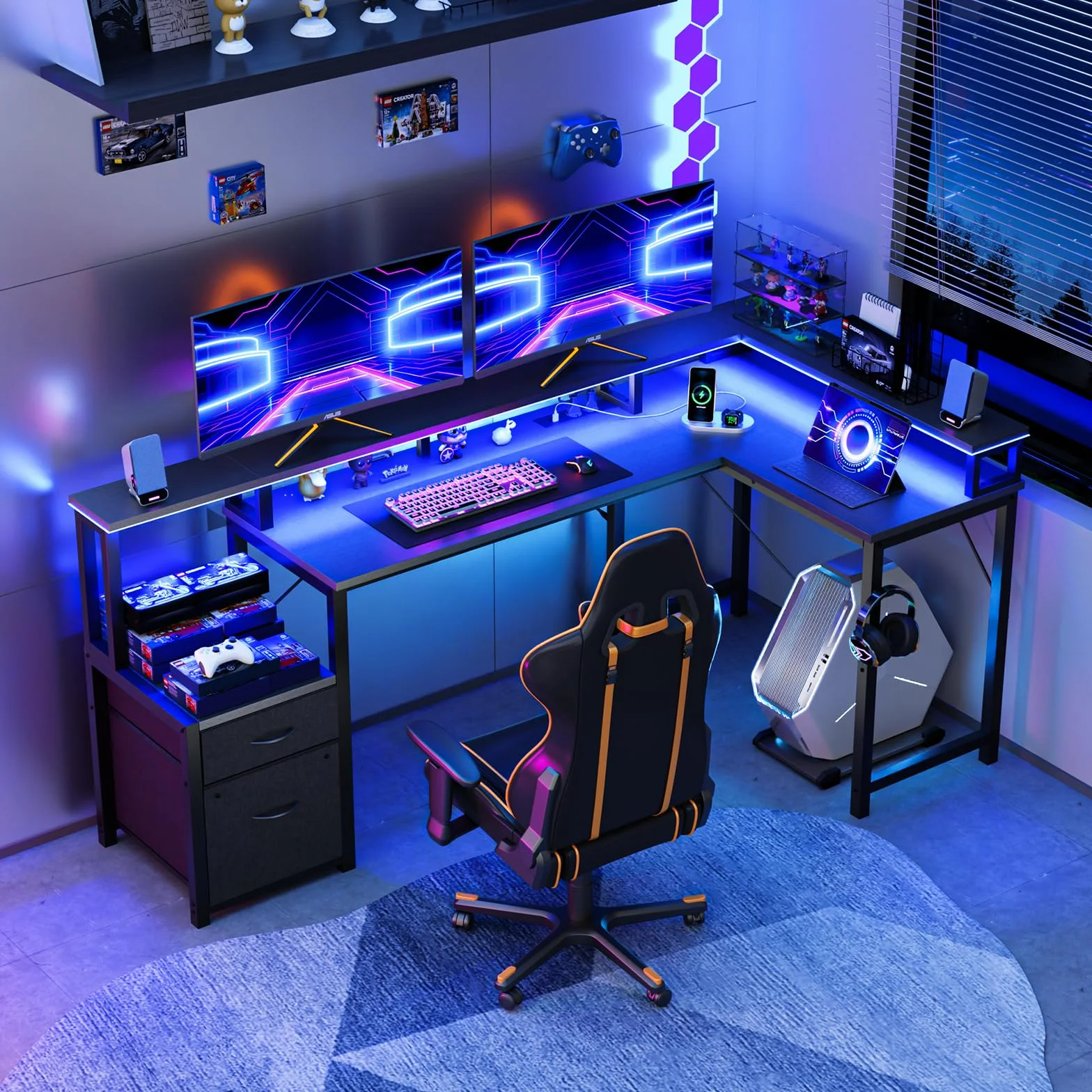 YOUDENOVA Biurko narożne z szufladami, w kształcie litery L, 168 x 100 cm, stolik gamingowy z diodami LED, biurko komputerowe z gniazdkiem i przyłączem USB do ładowania, kolor czarny