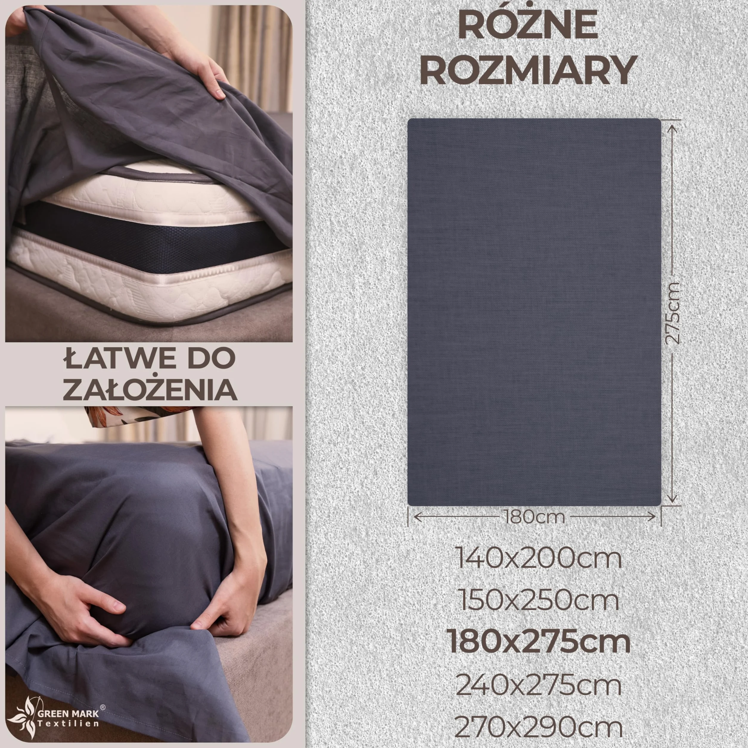 GREEN MARK Textilien płaski prześcieradło – 100% bawełna – bez gumki, delikatne dla skóry, łatwe w pielęgnacji, pranie w wysokiej temperaturze - Szary Antracytowy - 180x275 cm