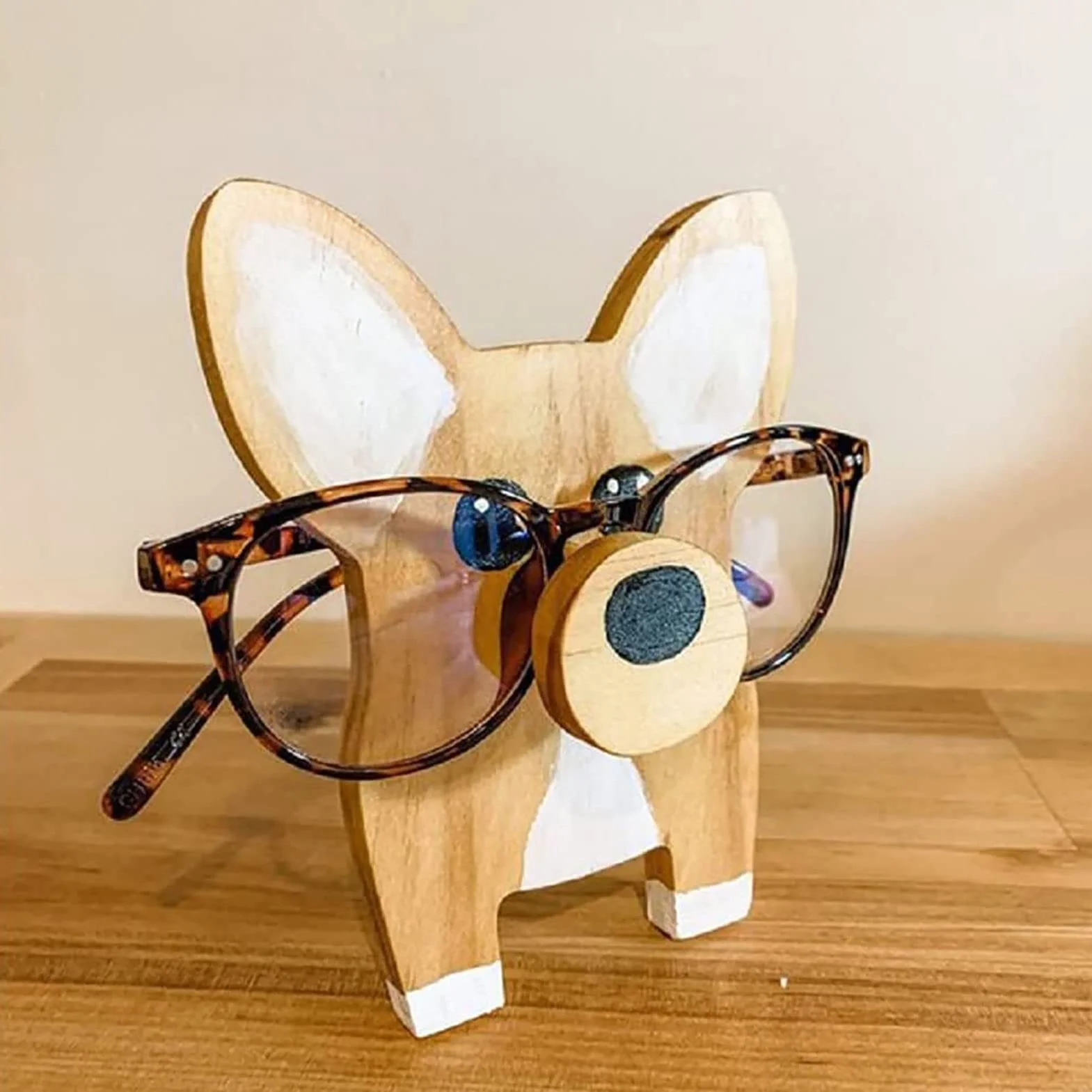 LNJ Uchwyt na okulary zwierzę - stojak na okulary z drewna - zabawny ręcznie rzeźbiony kształt zwierzęcy uchwyt na okulary przeciwsłoneczne - schowek na okulary - prezent na biurko, dekoracja domu i biura (szczeniak)