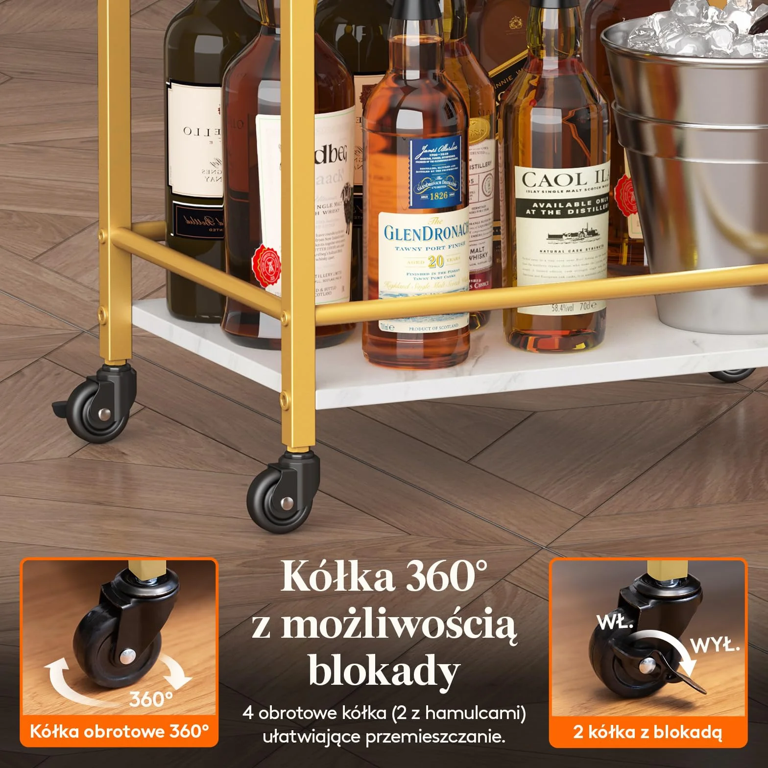 Wózek na napoje Lifewit, 3-poziomowy wózek barowy, wózek do serwowania herbaty na zamykanych kółkach, wózek na alkohol do jadalni i salonu, 43,2 x 30 x 81,5 cm, złoty