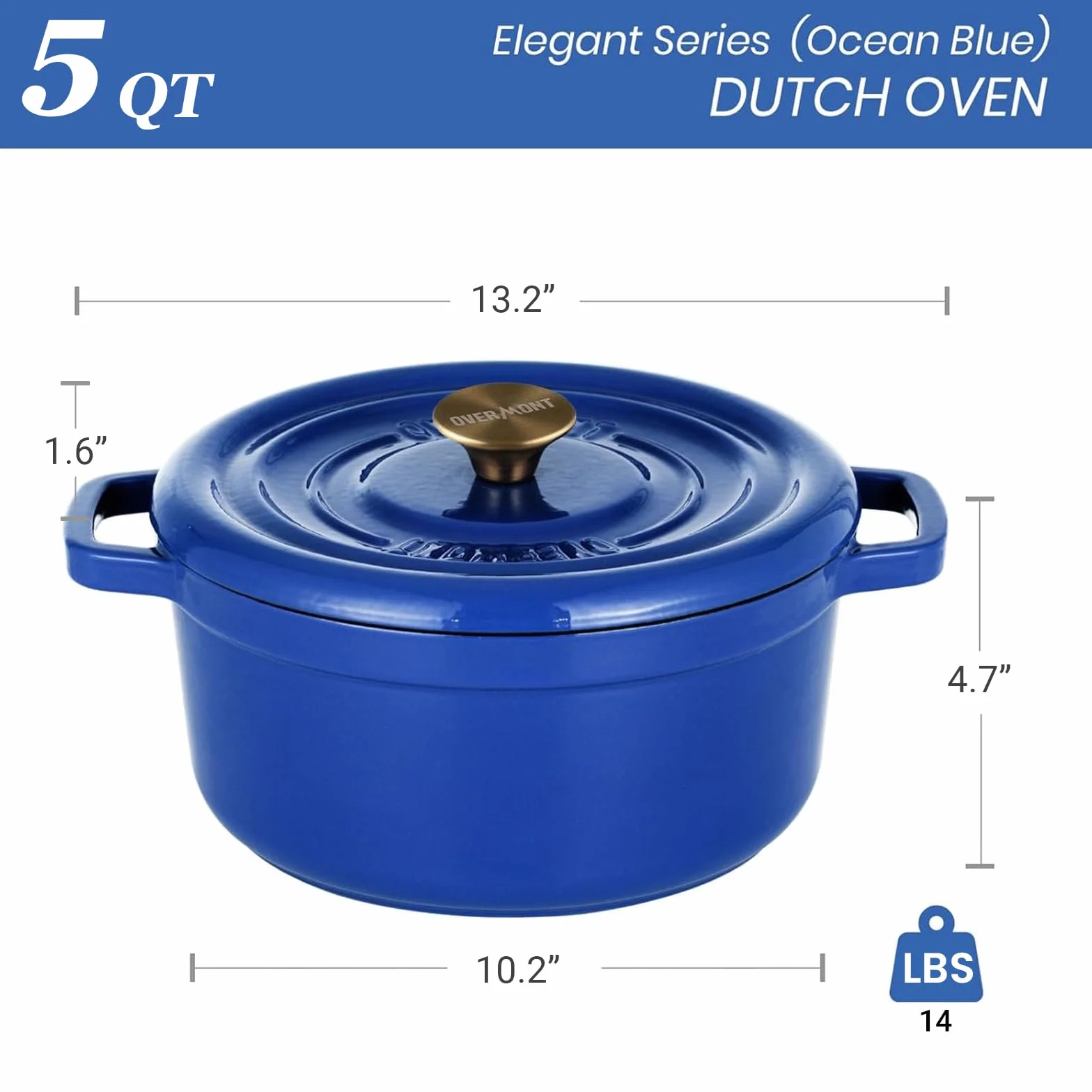 Overmont Garnek emaliowany żeliwny - Dutch Oven 26 cm nadaje się do piekarnika z pokrywką i książką kucharską - do smażenia kuchni, pieczenia, duszenia, królewski błękit