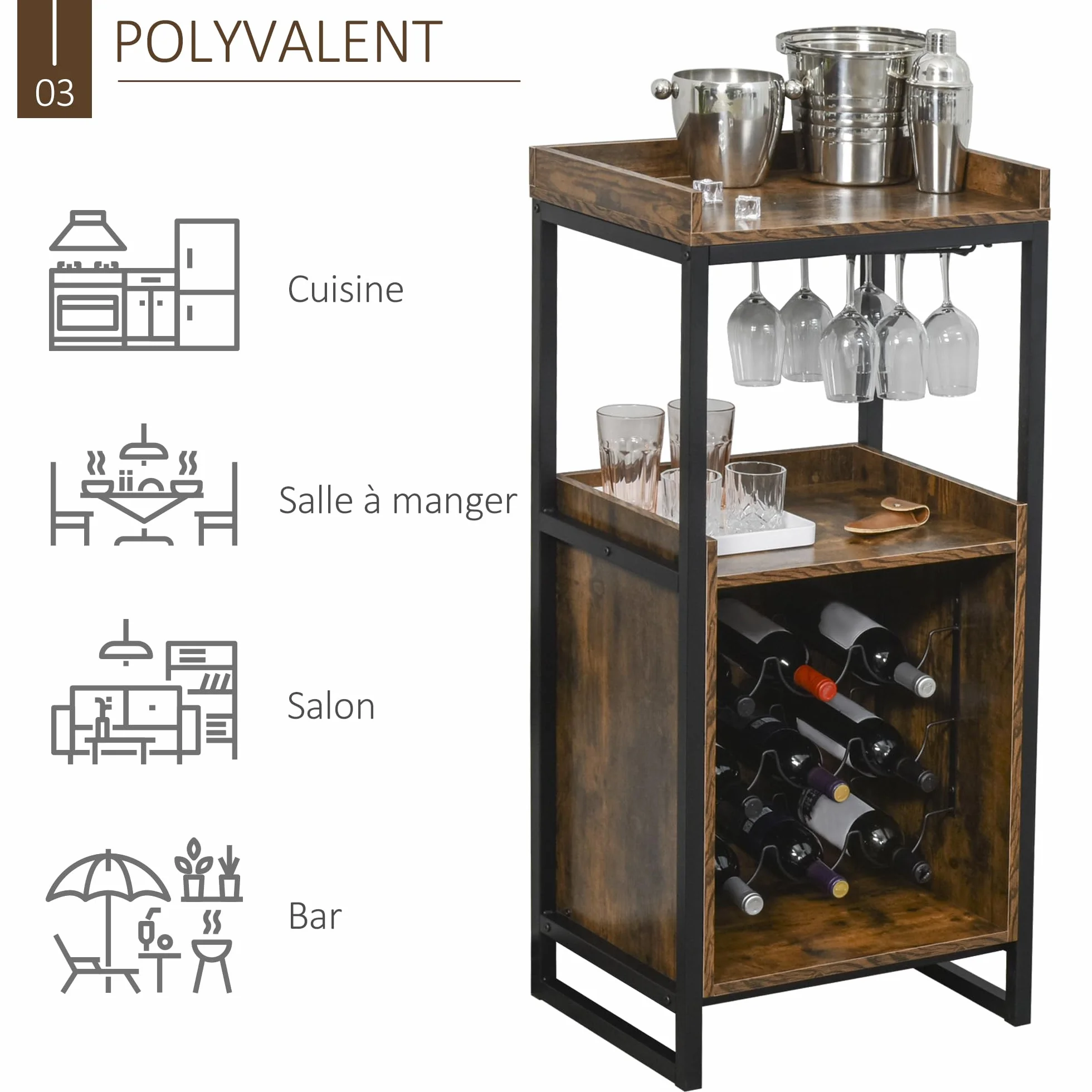 HOMCOM Stojak na wino 9 butelek półka metal czarny wygląd starego drewna