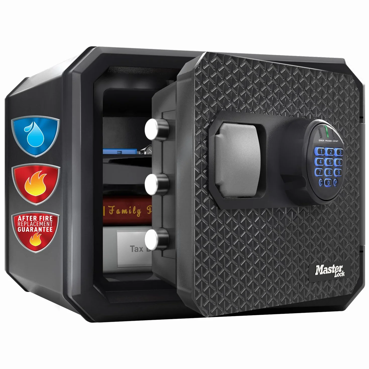 Master Lock z Certyfikatem Ognioodporności i Wodoodporności, 23 l, 417 x 348 x 478 mm, Szyfr Cyfrowy z Podświetlaną Klawiaturą