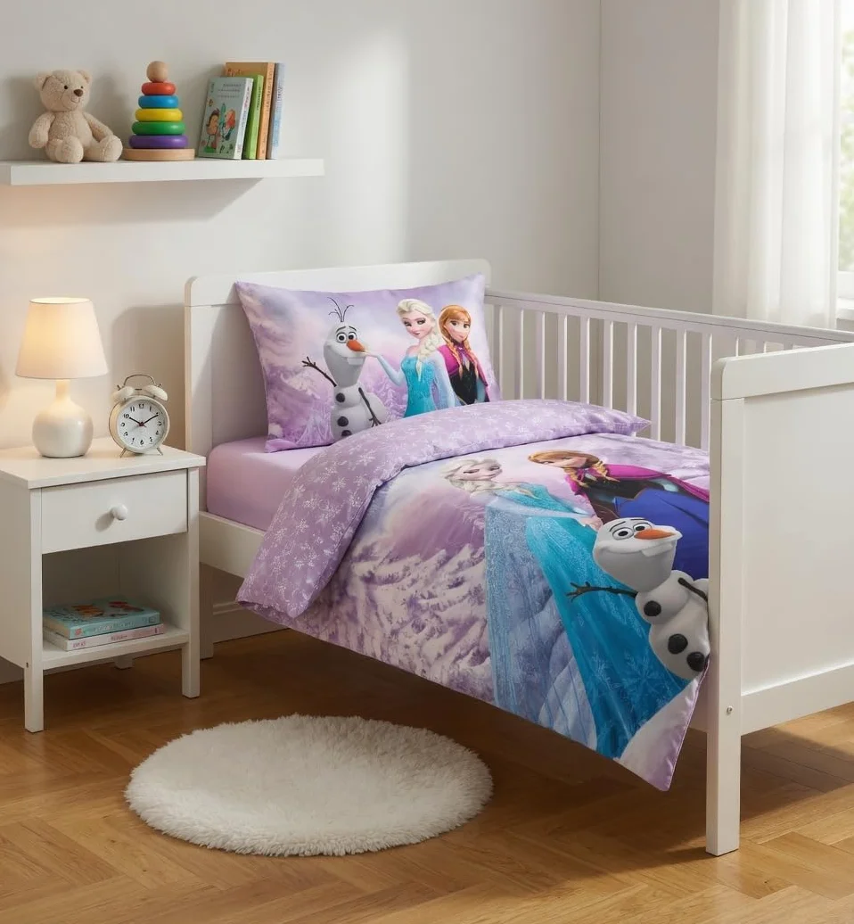 Komplet pościeli Królowej Śniegu, 100% bawełna, poszwa na kołdrę na małe łóżko 100 x 135 cm + poszewka na poduszkę 40x60 cm, dwustronna, z Elsą, Anną i Olafem