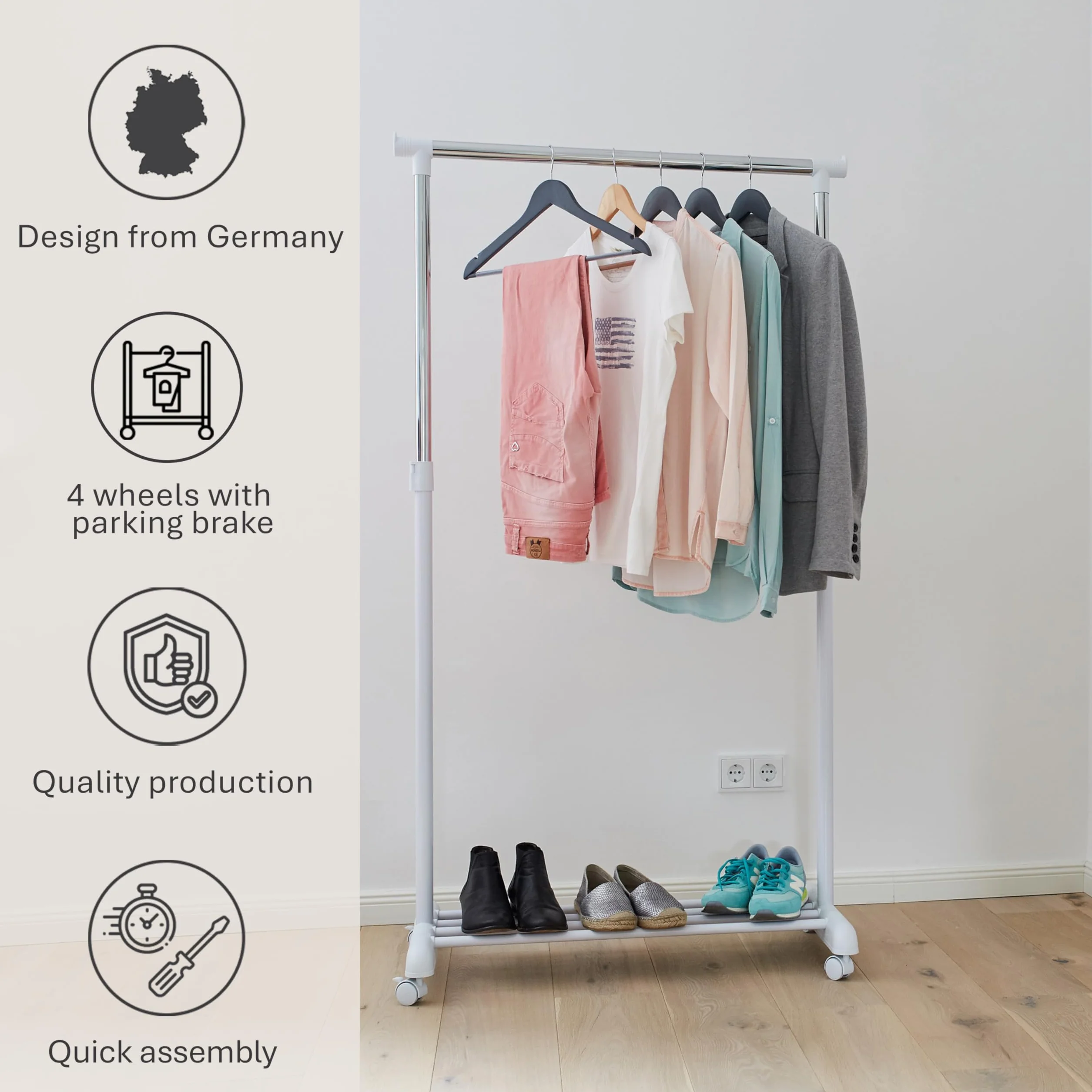 LOVE !T STORE !T Wieszak na ubrania z regulacją wysokości – stabilny wieszak na ubrania – wózek garderobiany na kółkach z półką na buty – 84 x 44 x 101 – 165 cm – biały/chrom