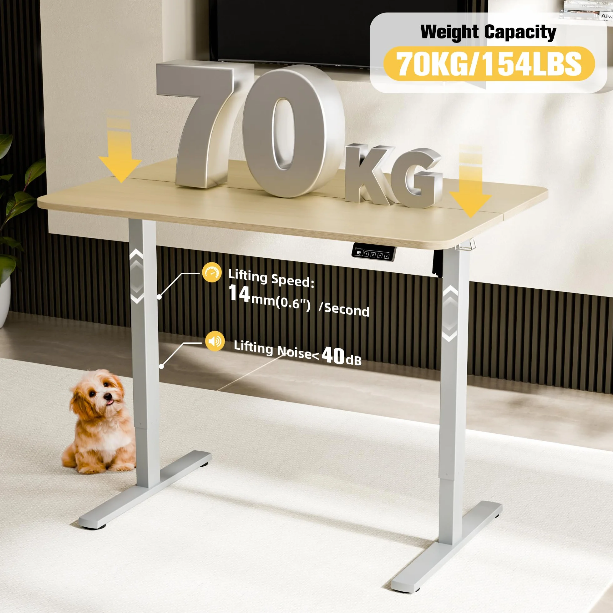 ERGOMAKER Stojak pod biurko elektryczny z regulacją wysokości 73-118 cm, Nośność 70 kg, Blokada bezpieczeństwa, 2 przyciski pamięci, W zestawie Haki, Szary