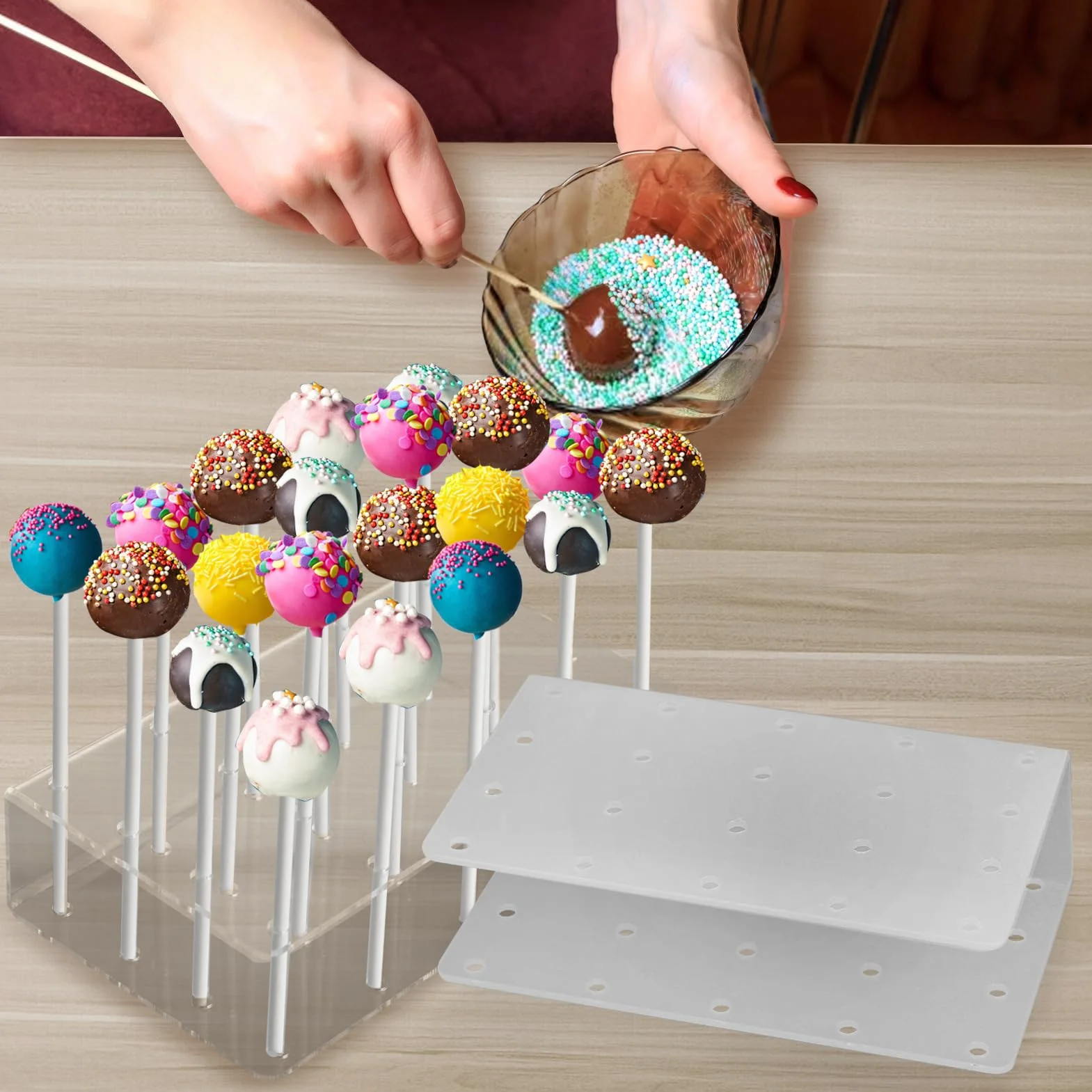 Zestaw 2 Przezroczystych Stojaków na Cake Pops z Akrylu + 200 Białych Patyczków, 20 Otworów, Wielokrotnego Użytku, Idealny na Wesela, Urodziny, Imprezy i Candy Bar (16×9×4 cm)