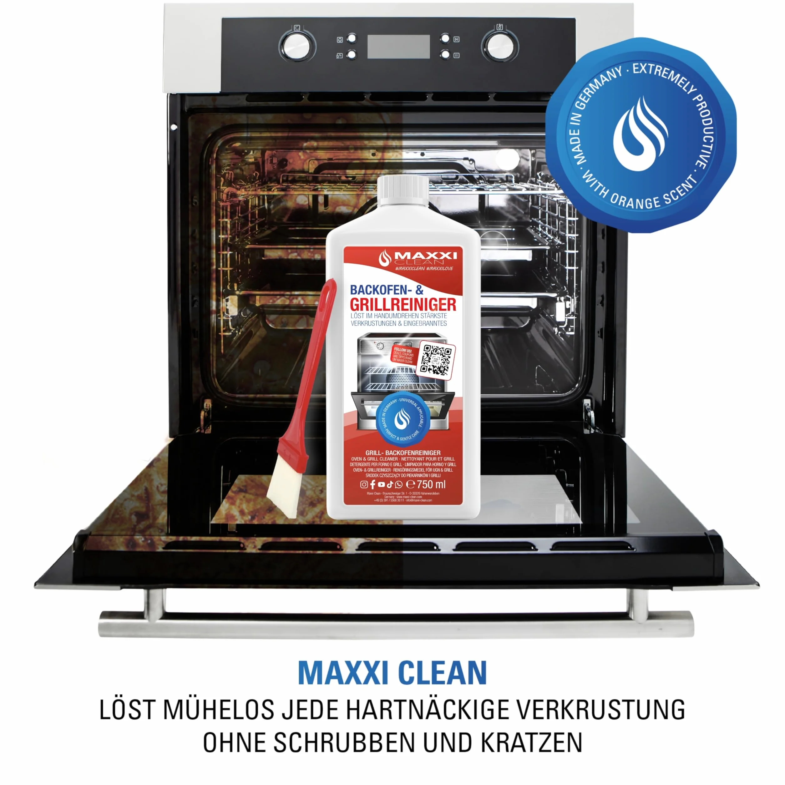 Maxxi Clean | Zestaw Kombi do Czyszczenia Piekarnika i Grilla | 1.000 ml Żel w zestawie z 1x Pędzlem | Ekstra Mocny Samodziałający Środek Czyszczący i Rozpuszczający Tłuszcz