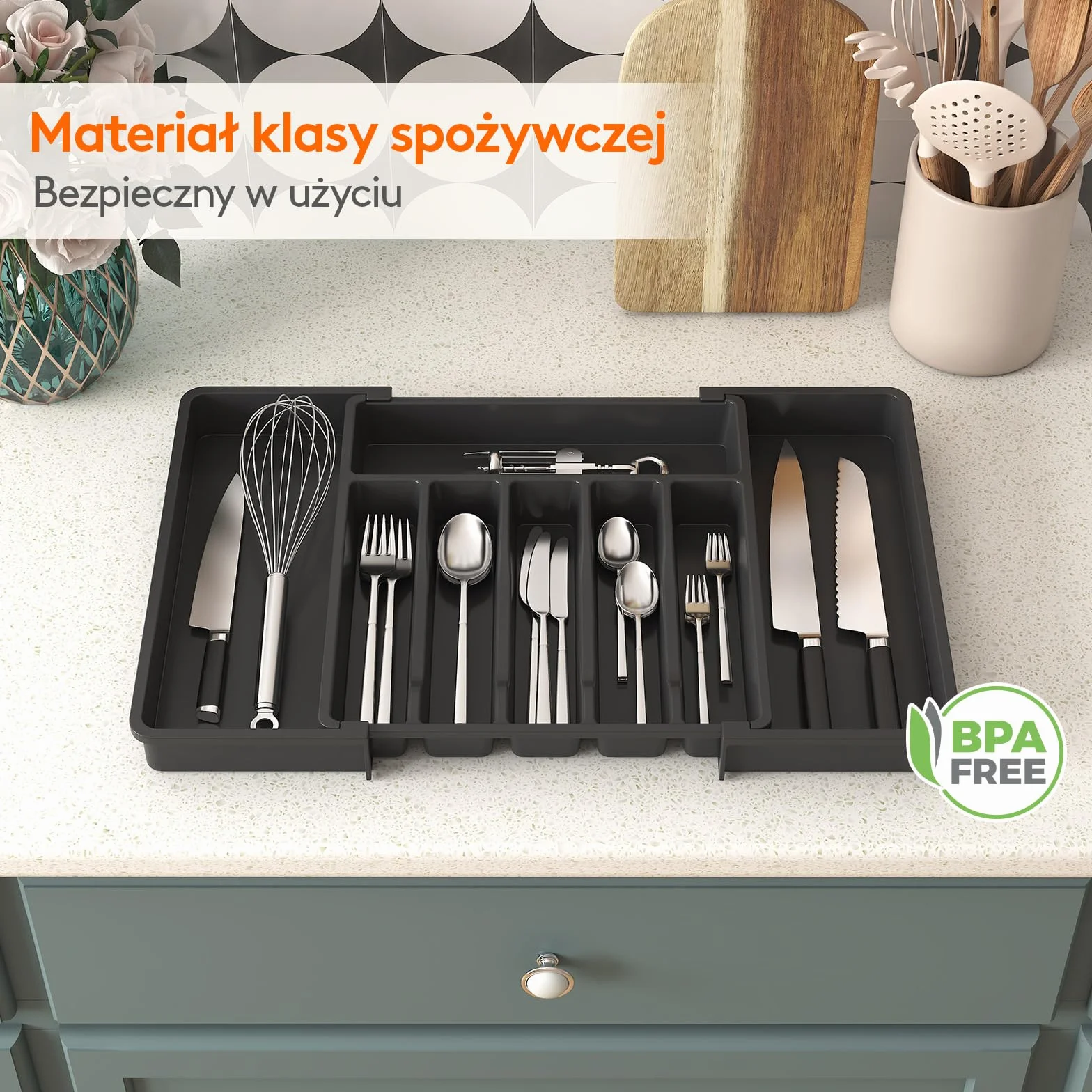 Lifewit Rozszerzalna Taca na Sztućce do Szuflady, Regulowany Uchwyt, Plastikowa, 2 szt, Czarny