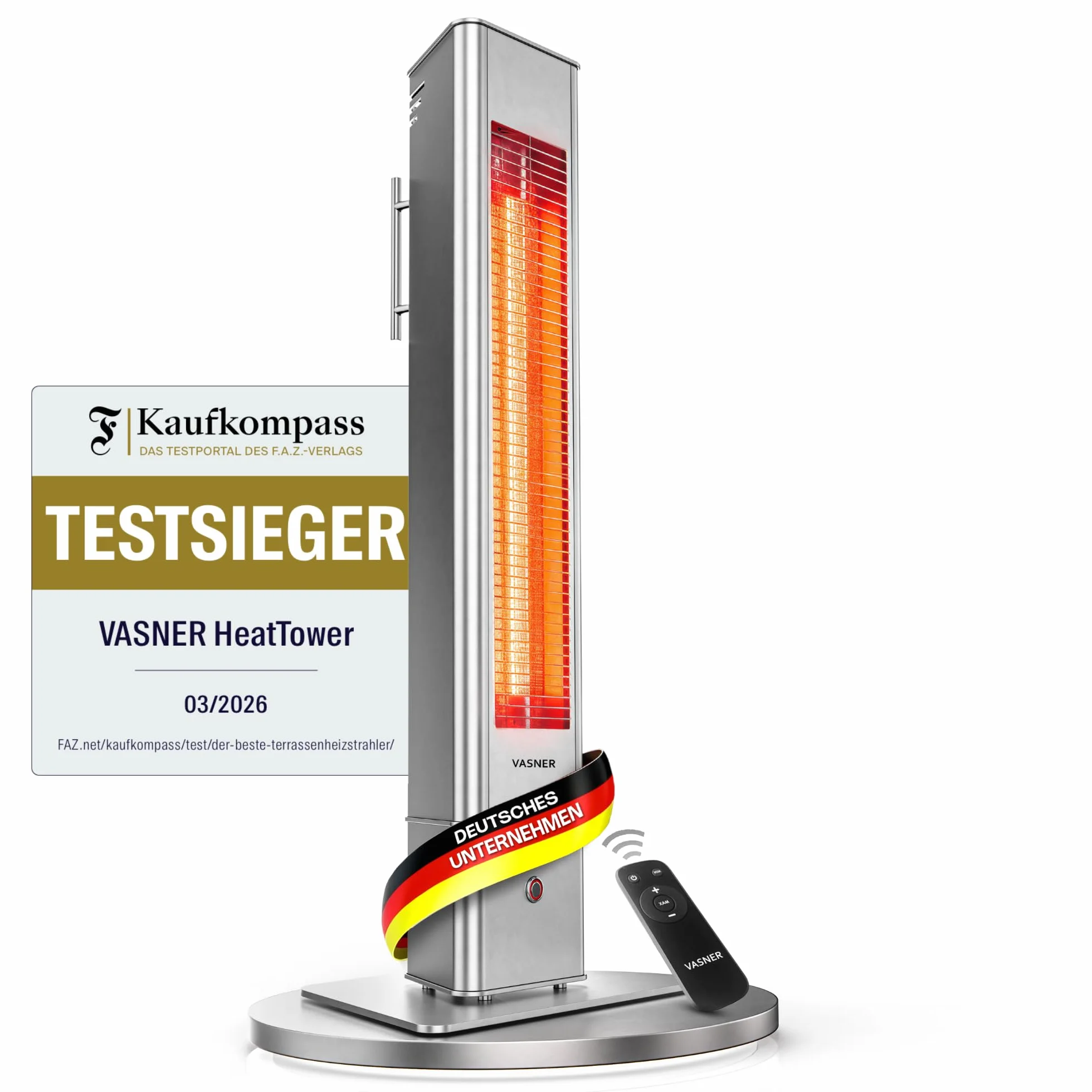 VASNER HeatTower Infrarot Heizstrahler Terrasse 2500 Watt 4 Heizstufen Standheizstrahler elektrisch mit Fernbedienung IP65 Schutz für Outdoor oder Bad