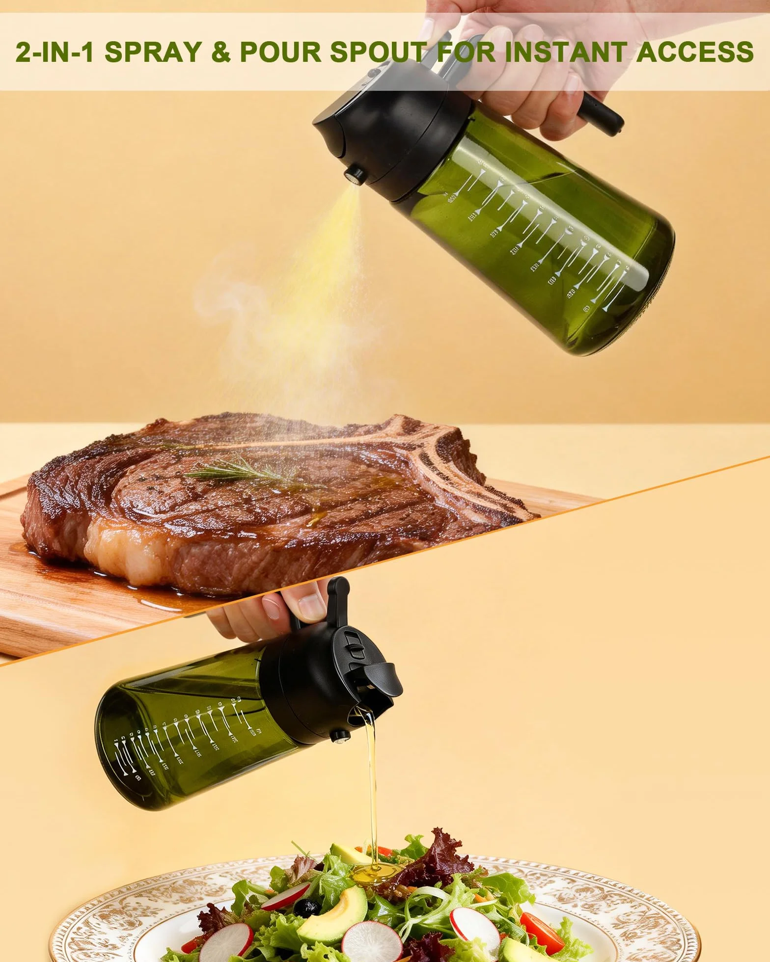 Butelka z Rozpylaczem na Olej, Butelka na Oliwę 2 w 1 ze Szkła 470 ml, ze Skalą i Ochroną UV, Idealna do Gotowania, Grillowania, Sałatek i Akcesoriów Kuchennych (Czarny)