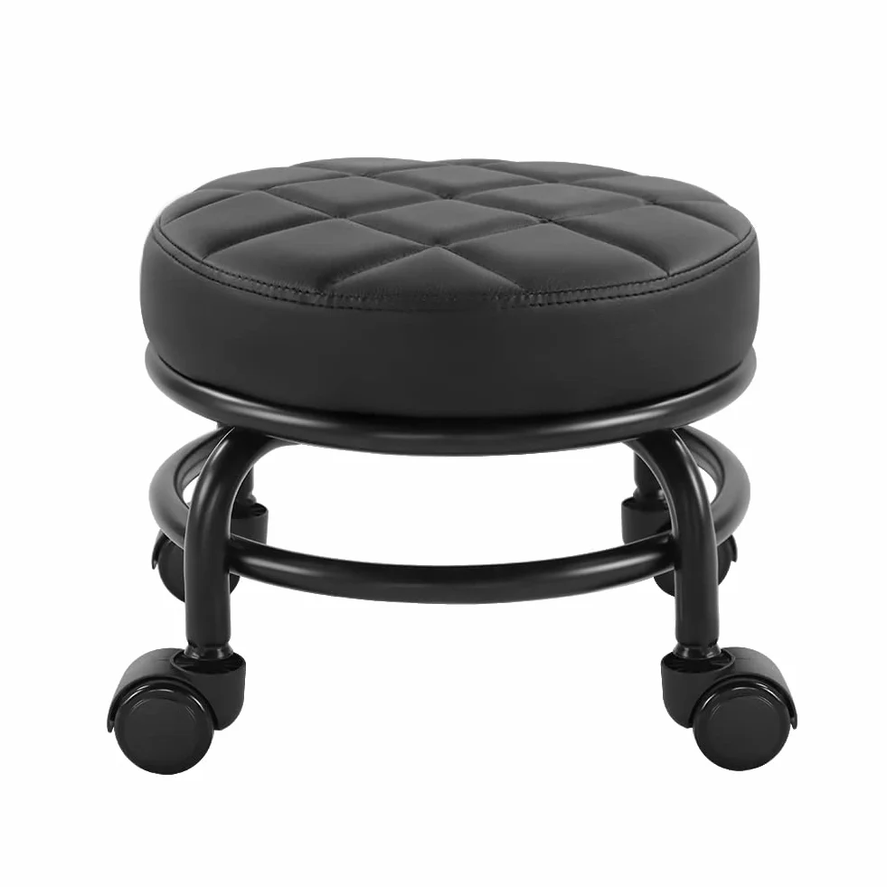 FURWOO Fotel rolkowy ze skóry PU, niski, okrągły stołek podłogowy z uniwersalnymi kółkami do domu, fitnessu, sportu, pedicure, wys. 25,5 cm
