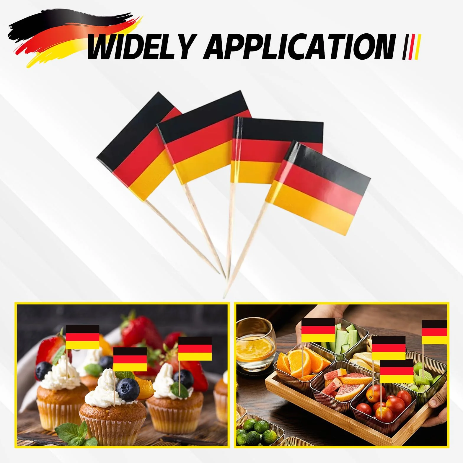 100 sztuk flaga Niemcy Wykałaczka, Cocktail Stick Flagi Mini Banner Cupcake Toppers Party, Patyczki na imprezę, jedzenie, owoce, talerze, imprezy, puby, dekoracja
