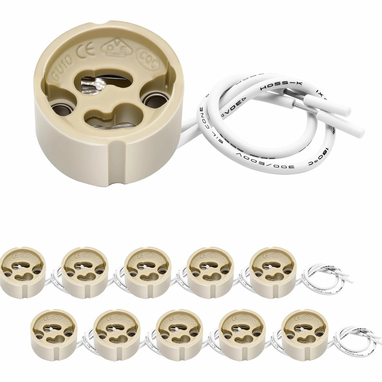 Oprawka GU10, oprawka lampy z ceramiki, z wysokiej jakości kablem silikonowym 12 cm, przyłączane oprawki do lamp LED GU10 i halogenów, VDE, 10 sztuk
