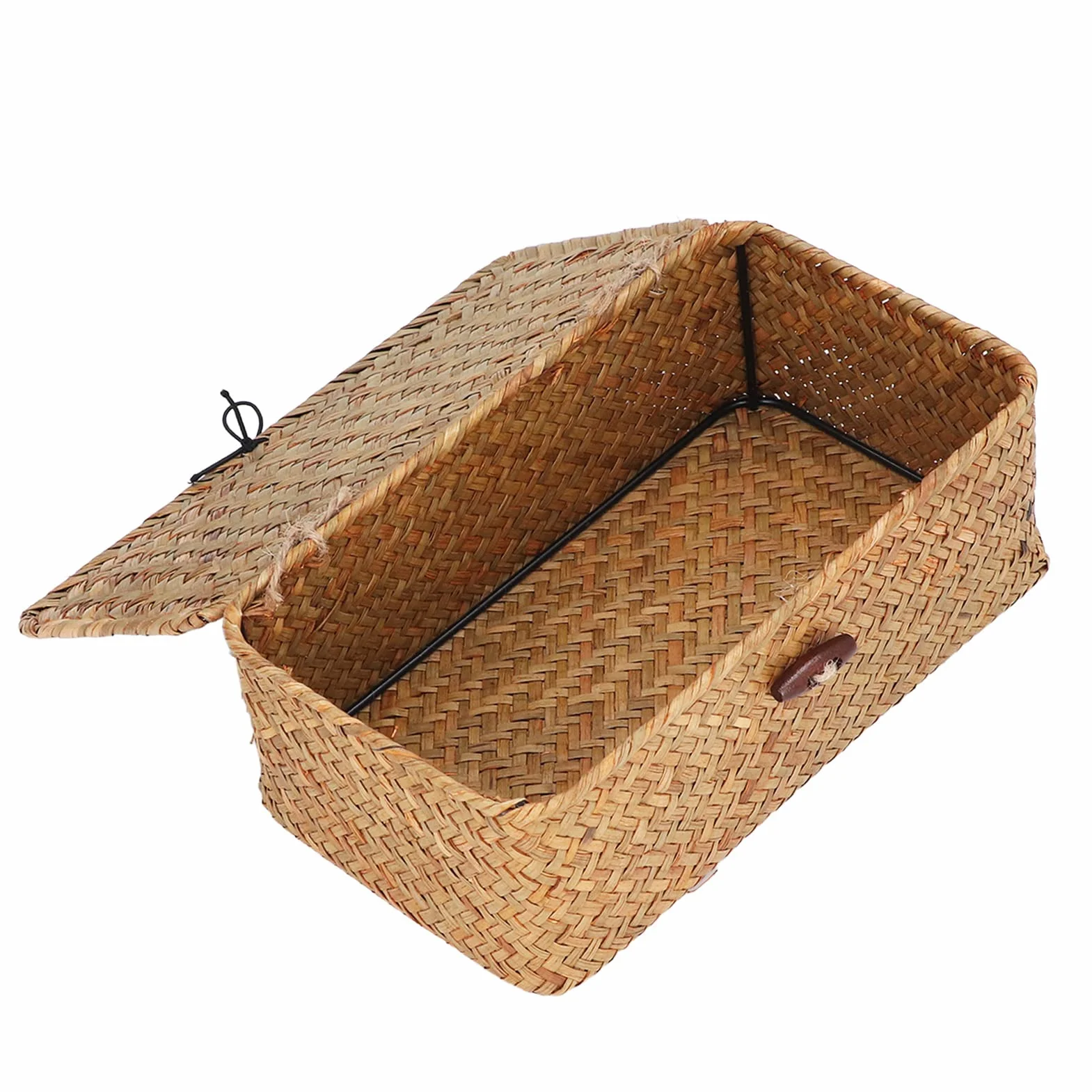 Kosz Wiklinowy z pokrywką, Pudełko Rattanowe do organizacji w kuchni, salonie i ogrodzie, Prostokątny Organizer z przegrodkami, Pojemnik na rośliny, mebel w stylu naturalnym, Karmel (M)