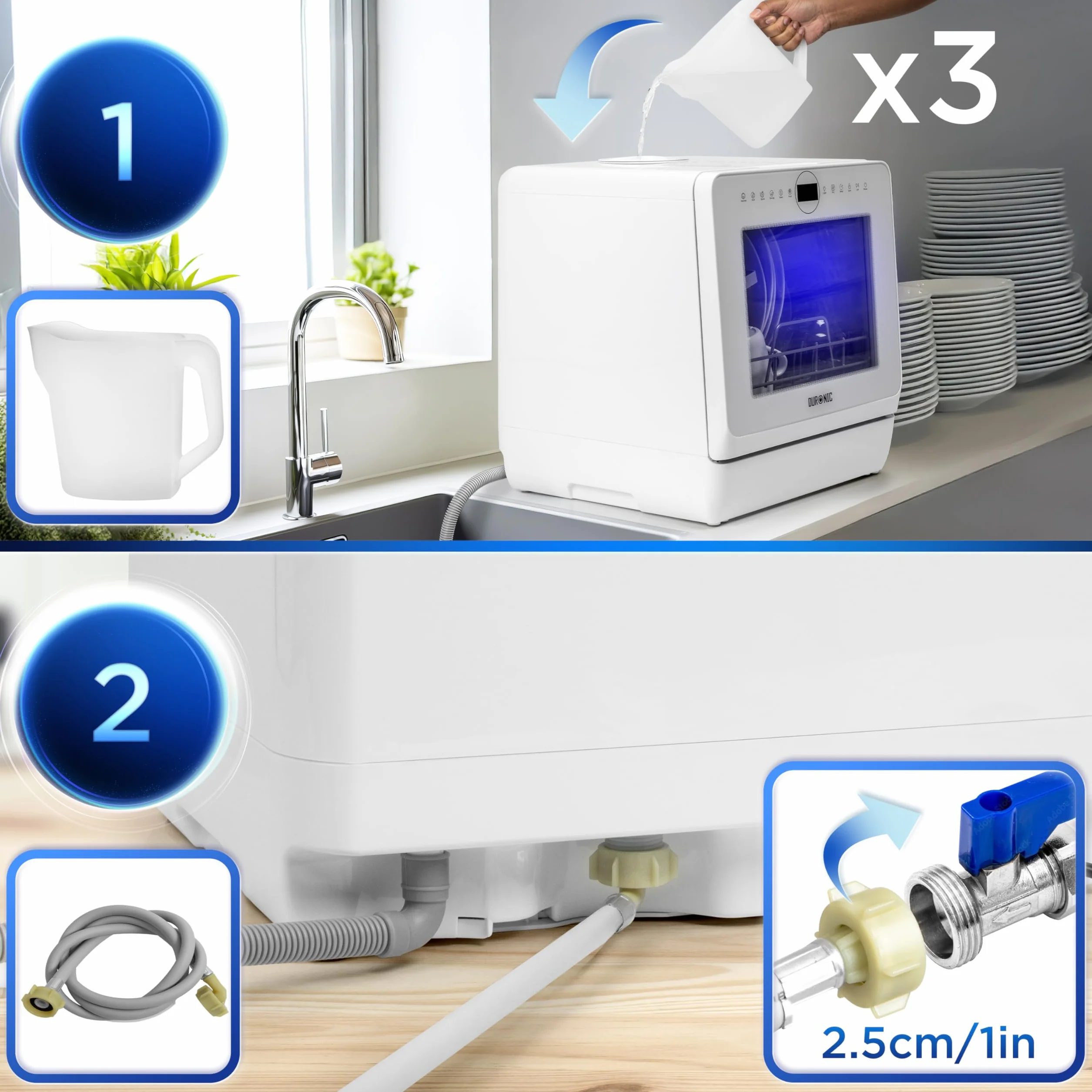 Duronic DW5 WE Zmywarka nablatowa z lub bez przyłącza wody 950W przenośna kompaktowa 5l /cykl do naczyń szkła owoców mała zmywarka stołowa biała