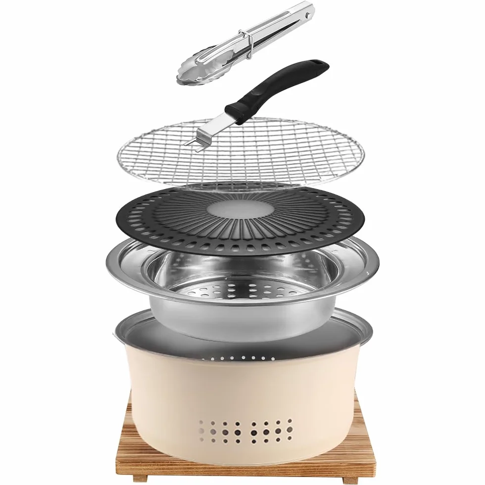 SANQIAHOME Przenośny grill na węgiel ze stali nierdzewnej, 25 cm, antypoślizgowy, okrągły, grill lub gorący garnek, wrząca woda, piec na węgiel drzewny do domu, na imprezę na świeżym powietrzu,