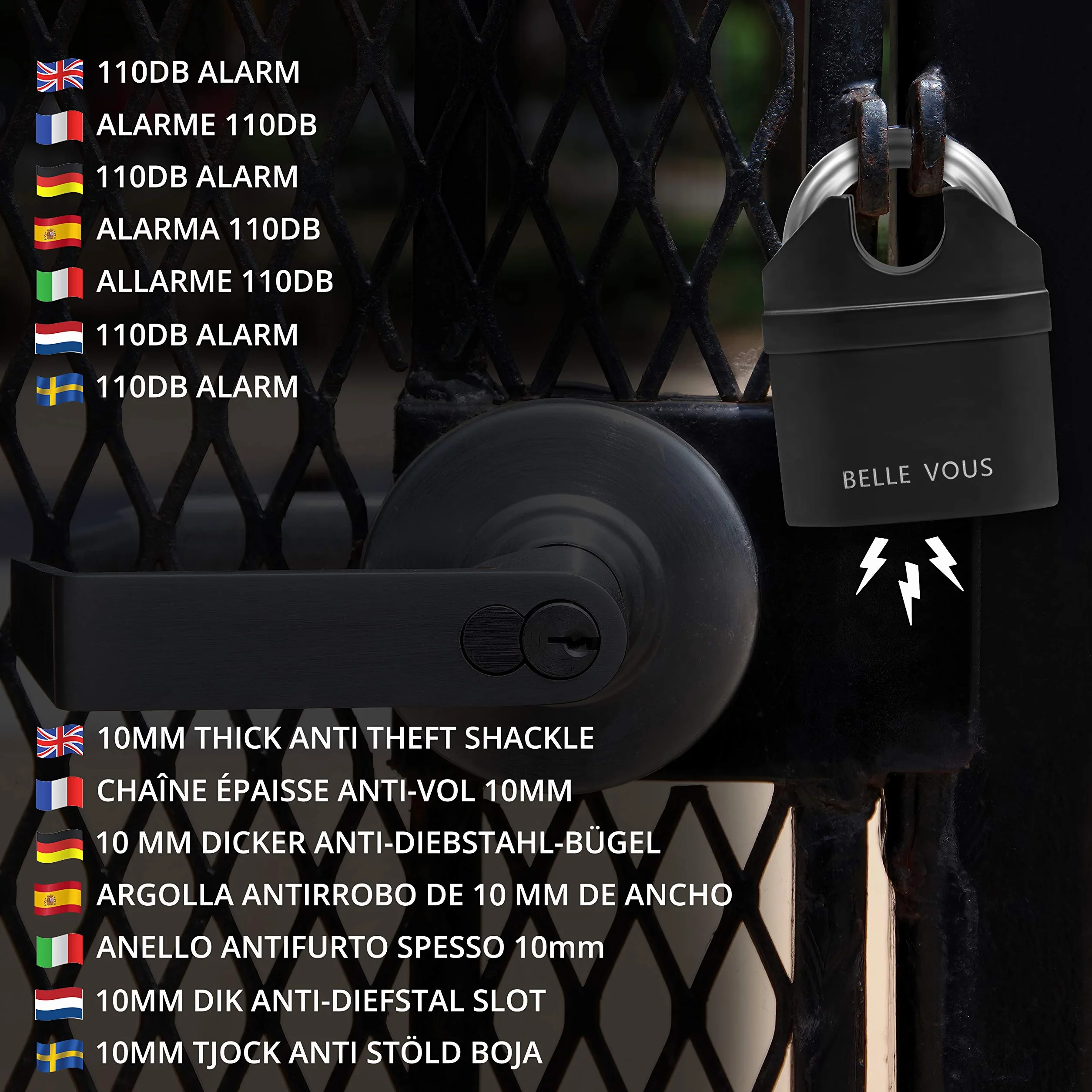 Belle Vous Czarna Antykradzieżowa Kłódka z Alarmem 110db i Trzema Kluczykami - Wytrzymała Wielozadaniowa Wodoodporna Kłódka - Czujnik Ruchu z Głośnym Alarmem