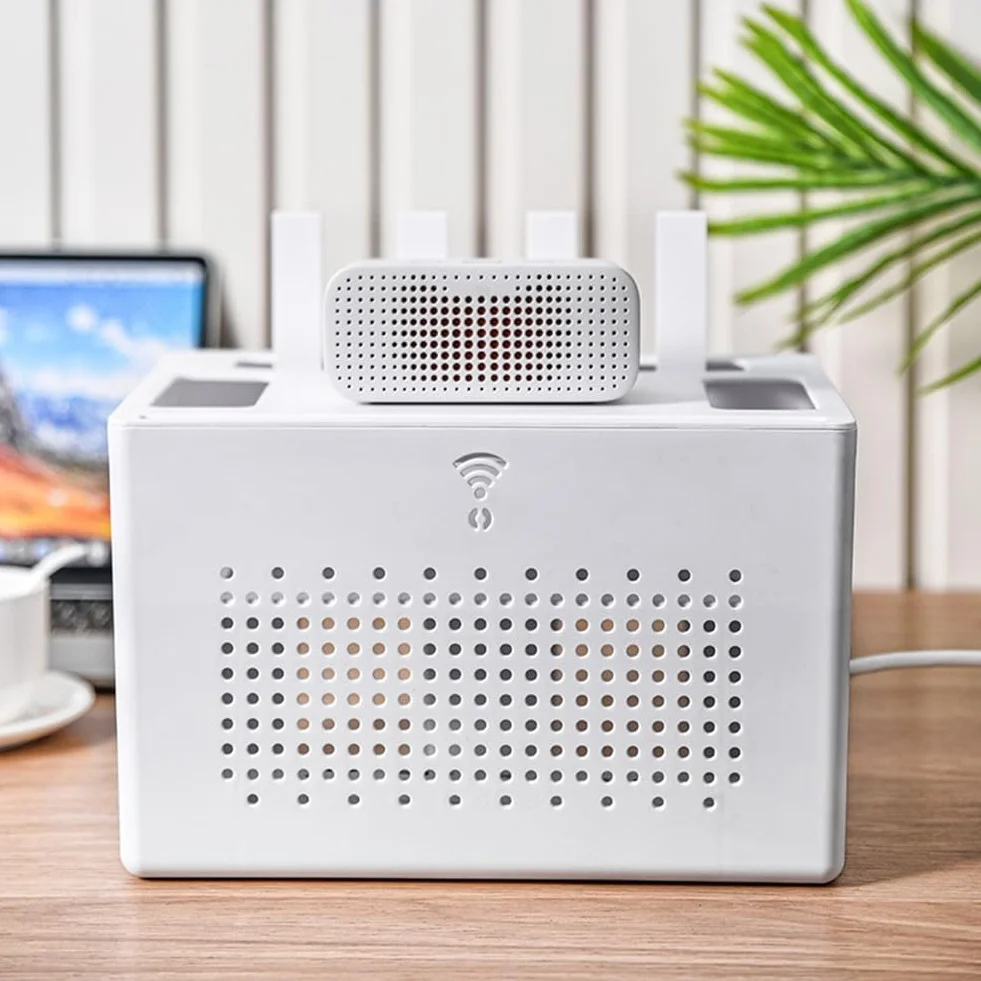 Bezprzewodowy router WiFi, skrzynka do przechowywania, modem sieciowy, osłona routera, półka listwa zasilająca i zarządzanie kablami, stojak biurowy, zorganizowane półki (szary)