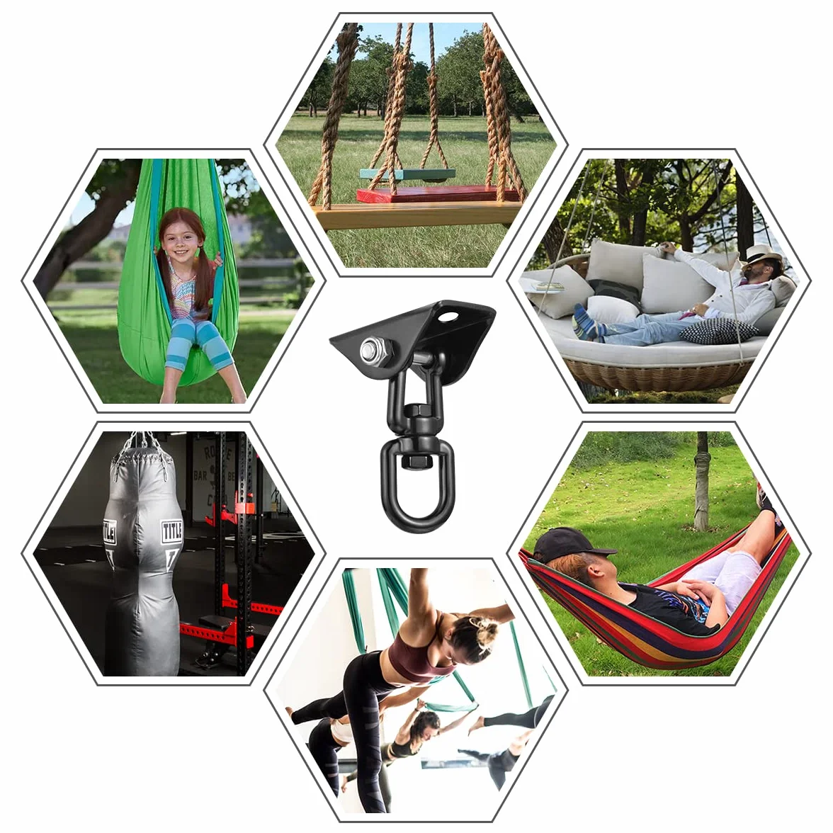 RayLove Hak sufitowy, fotel wiszący obracany o 360°, do zawieszenia, hamak, huśtawka, hak ze śrubą, do betonu, drewna, na plac zabaw, werandę, siedzisko, trapez, jogę