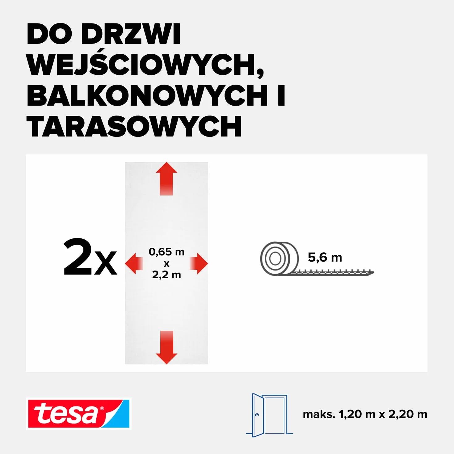 tesa INSECT STOP H&L Fly Screen for Doors - siatka na drzwi z taśmą rzepową, przycinana na wymiar, bez wiercenia - 2 x 65 x 220 cm - biały