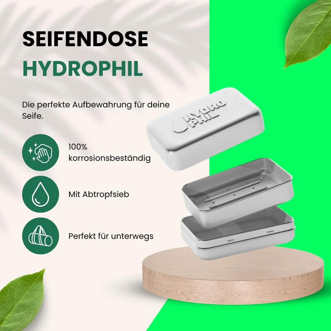 Hydrophil Mydelniczka z aluminium, w 100% bez plastiku, z kratką ociekową, srebrna, podróżna, wodoszczelna, mydelniczka, pojemnik na mydło, na podróż, kemping i do domu (1)
